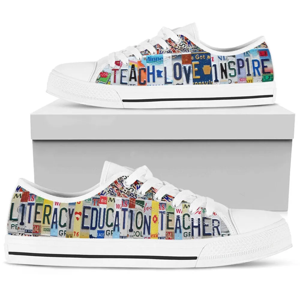 Literacy Education Teacher License Plates Low Top Shoes, Teacher Shoes, Low Top Sneakers