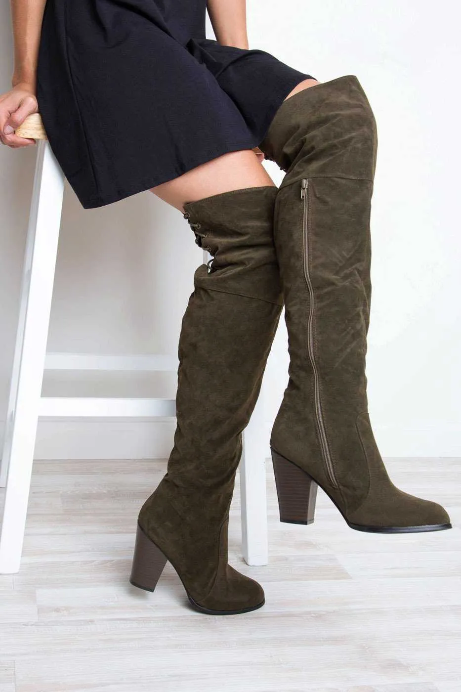 Locklyn Suede Knee High Boots - Olive