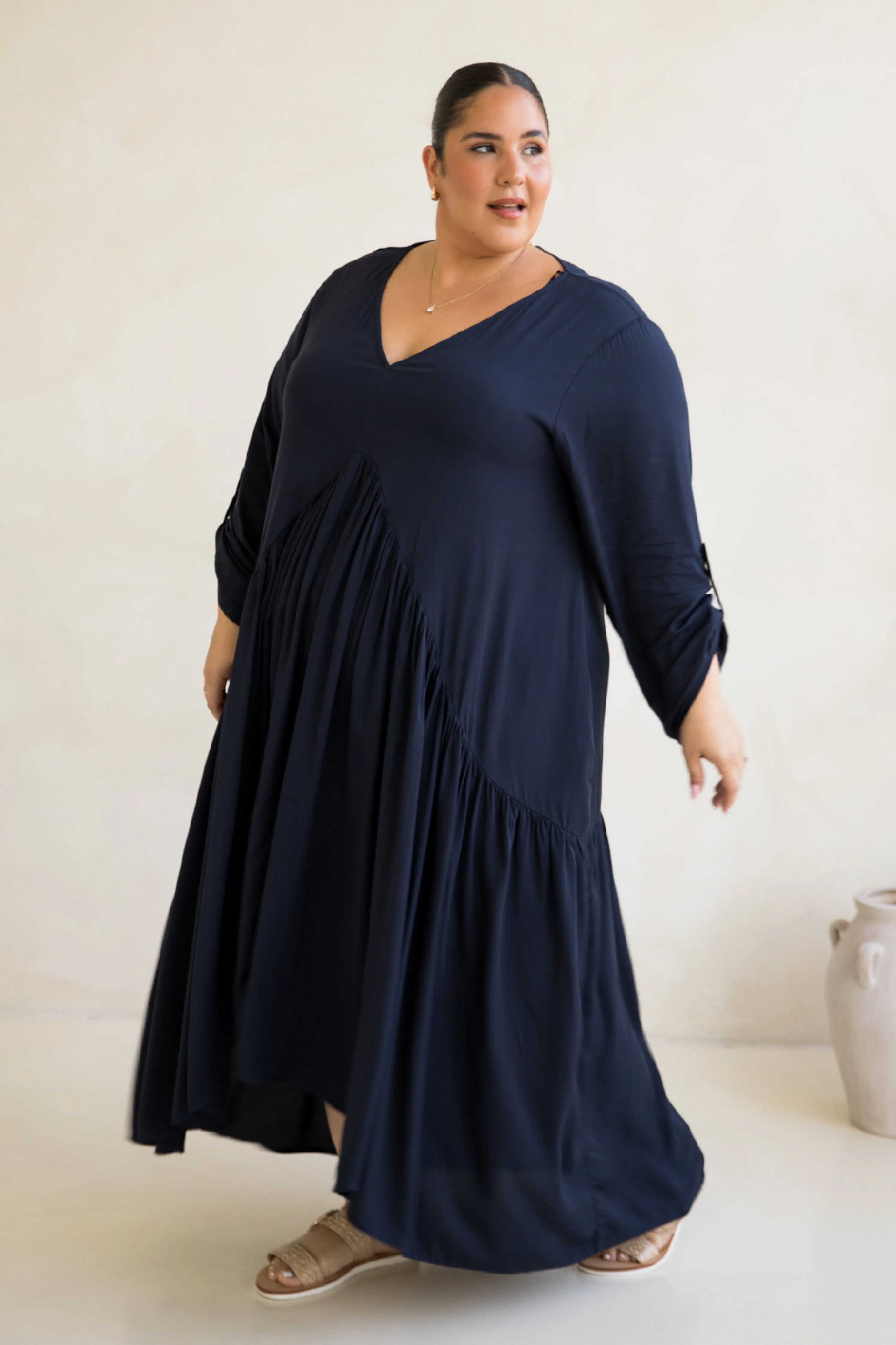 Long Sleeve Peak Maxi Dress in Navy