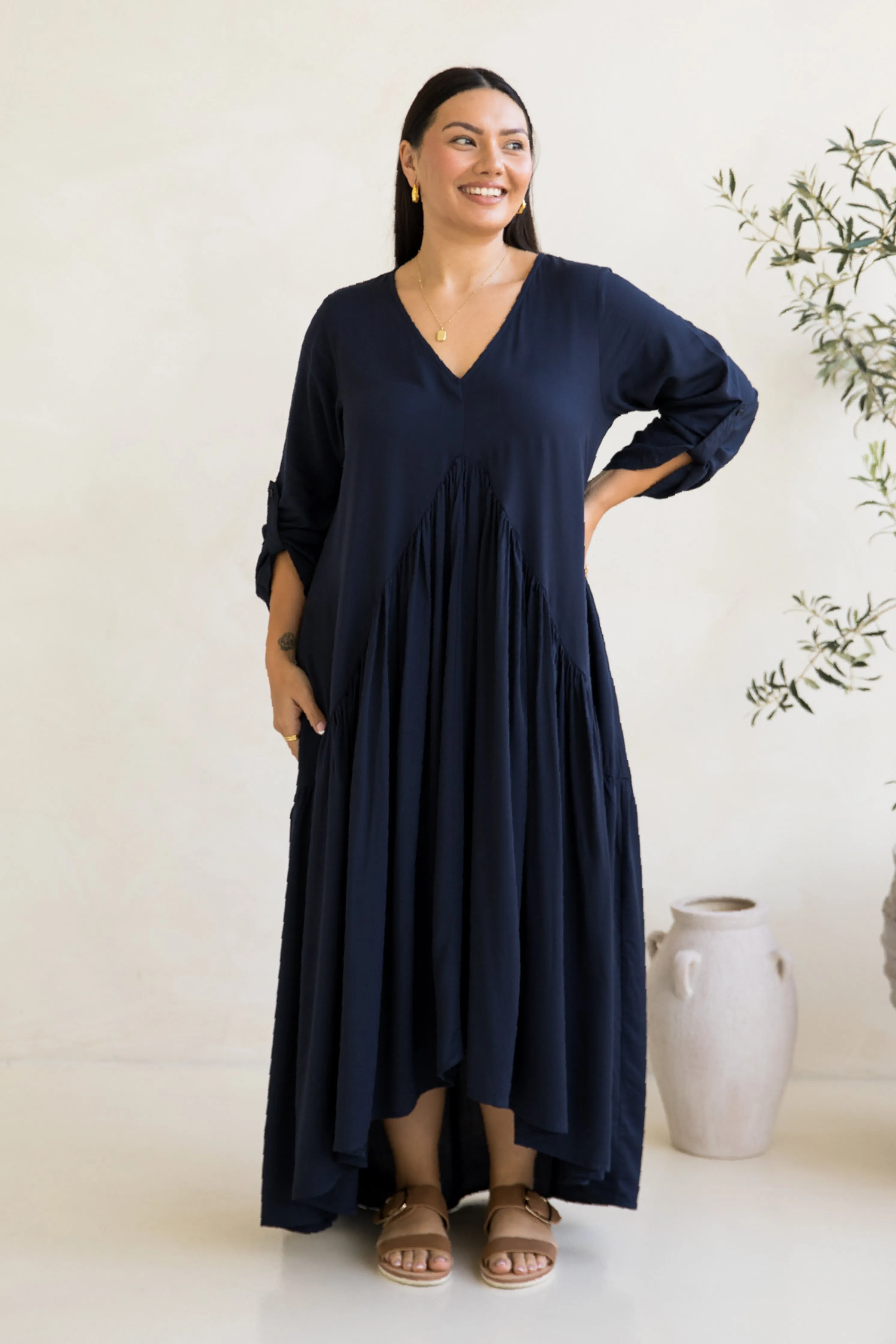 Long Sleeve Peak Maxi Dress in Navy