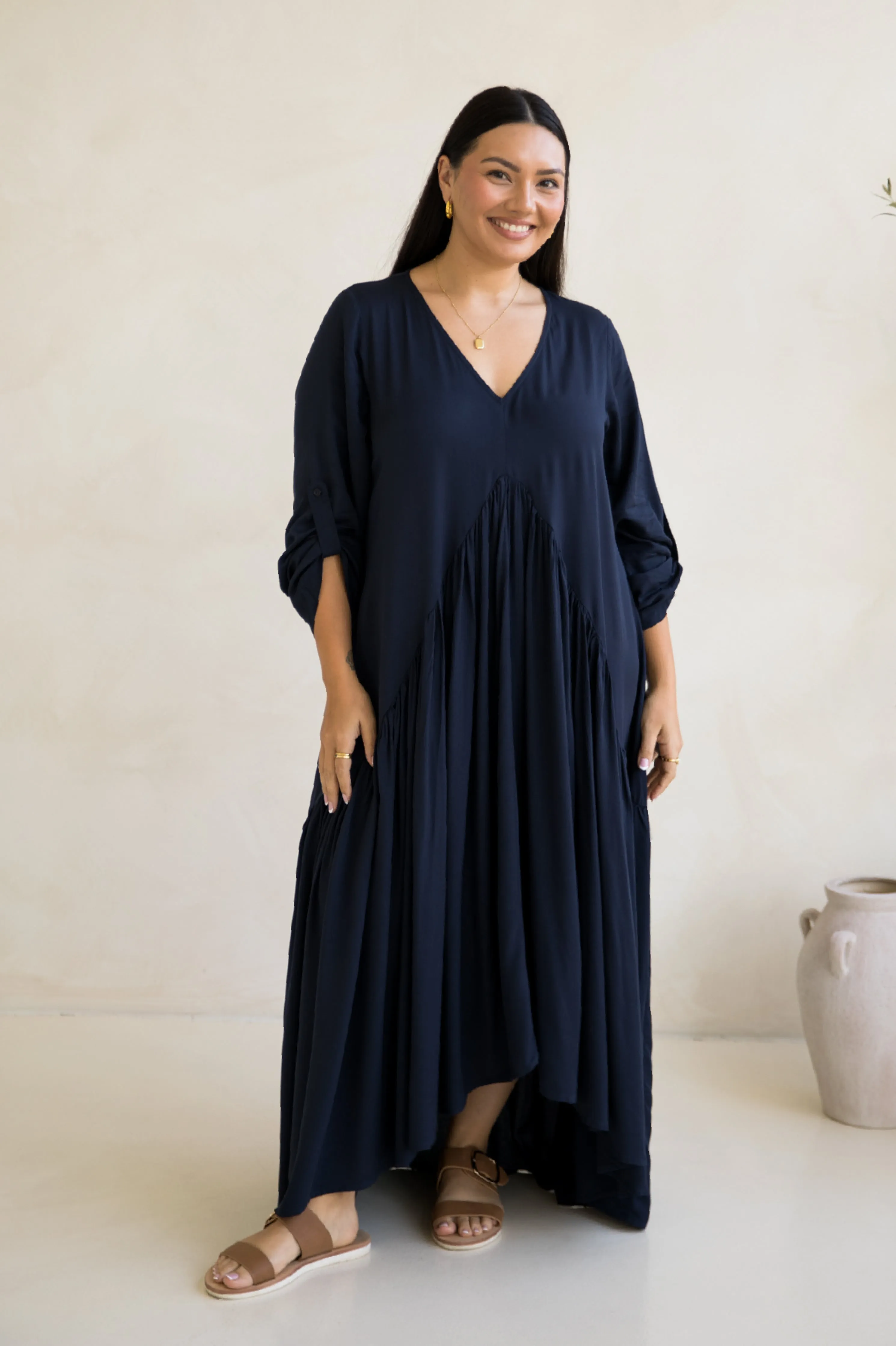 Long Sleeve Peak Maxi Dress in Navy