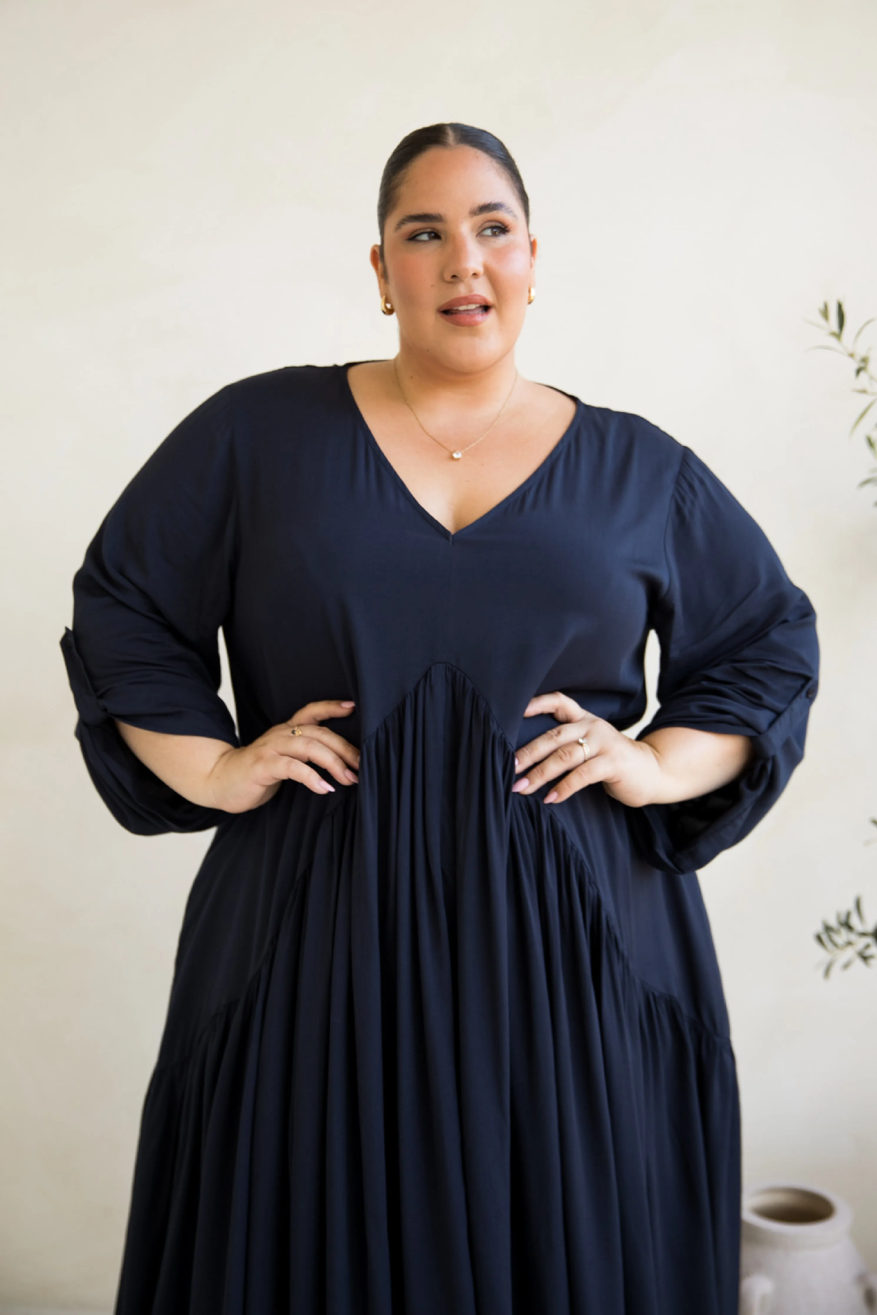 Long Sleeve Peak Maxi Dress in Navy