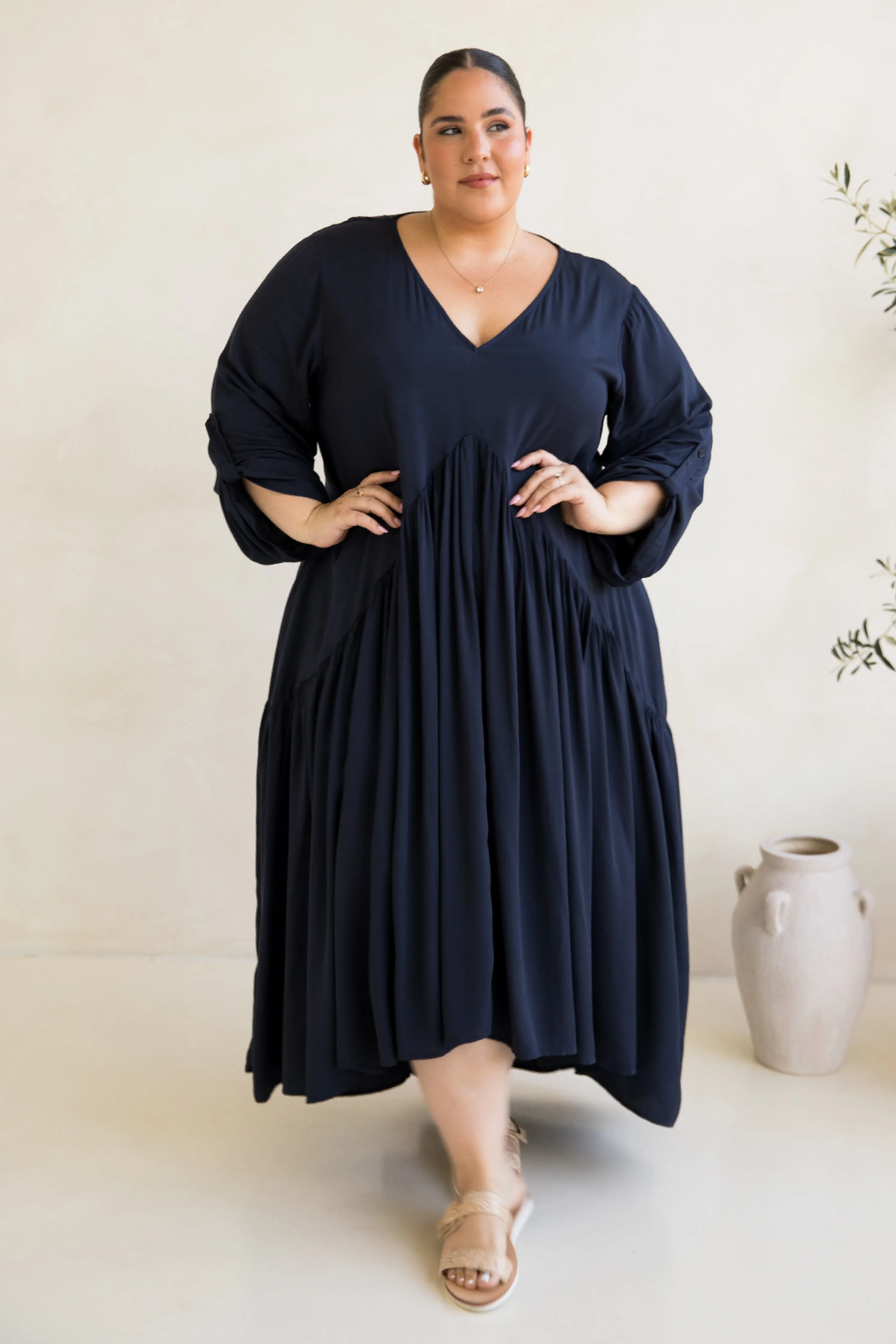 Long Sleeve Peak Maxi Dress in Navy