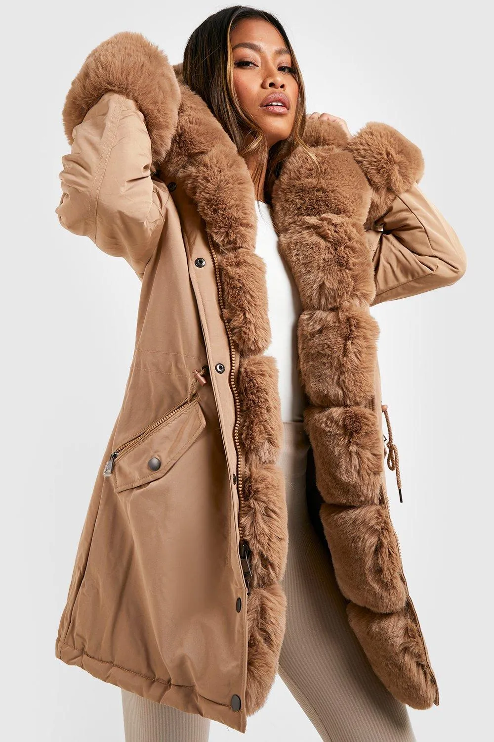 Luxurious Boohoo Faux Fur Trim Parka in Camel