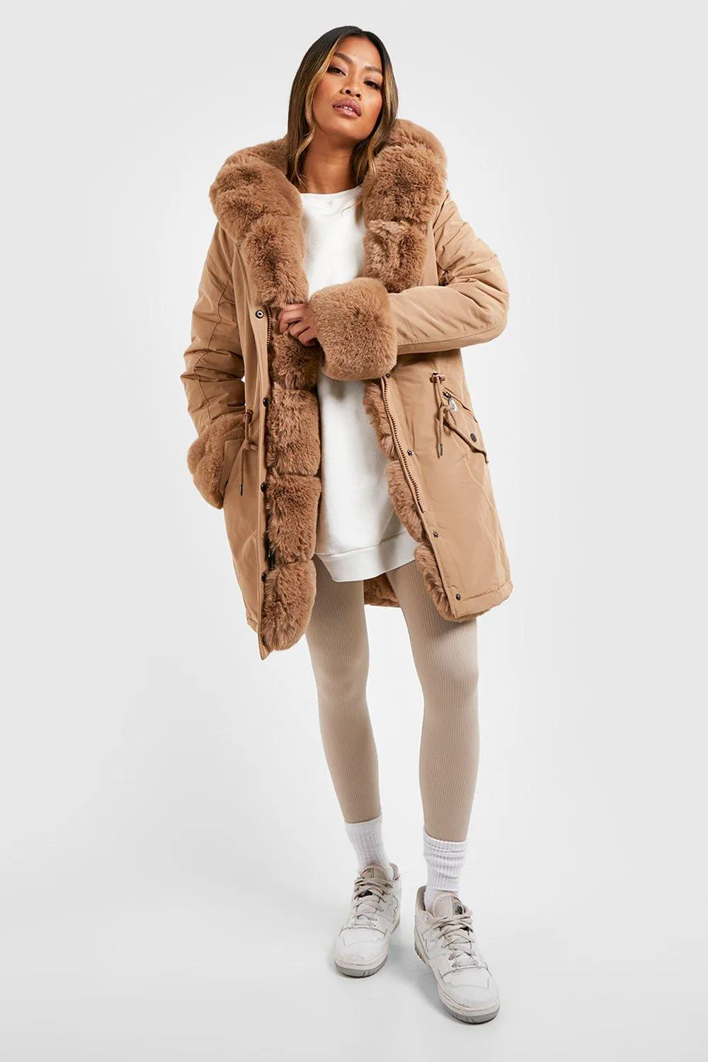 Luxurious Boohoo Faux Fur Trim Parka in Camel