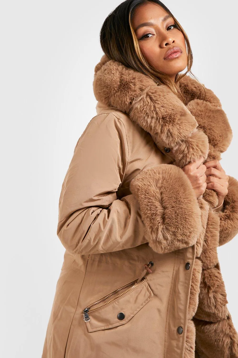 Luxurious Boohoo Faux Fur Trim Parka in Camel