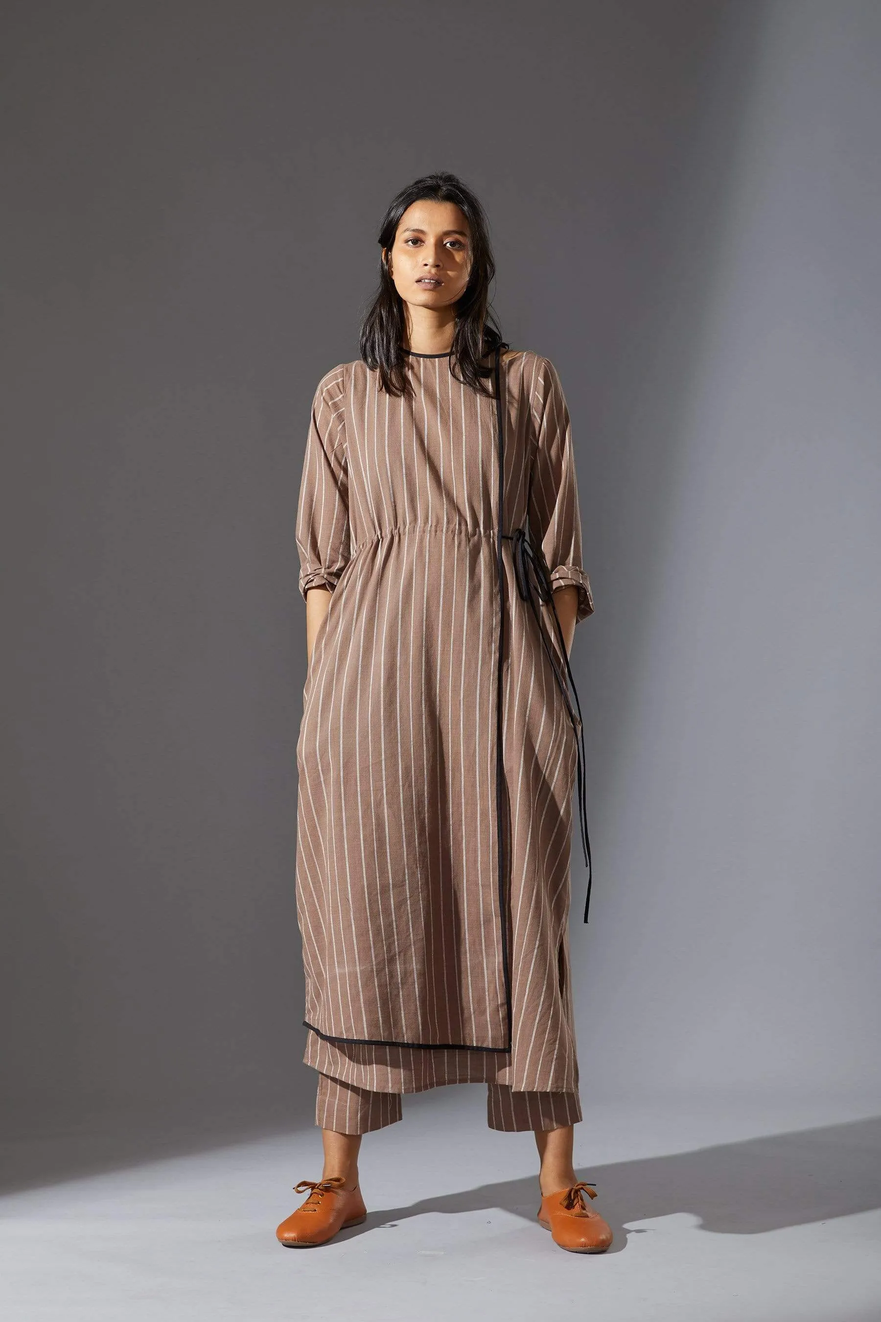 Mati Overlap Beige Striped Tunic Set with Pants