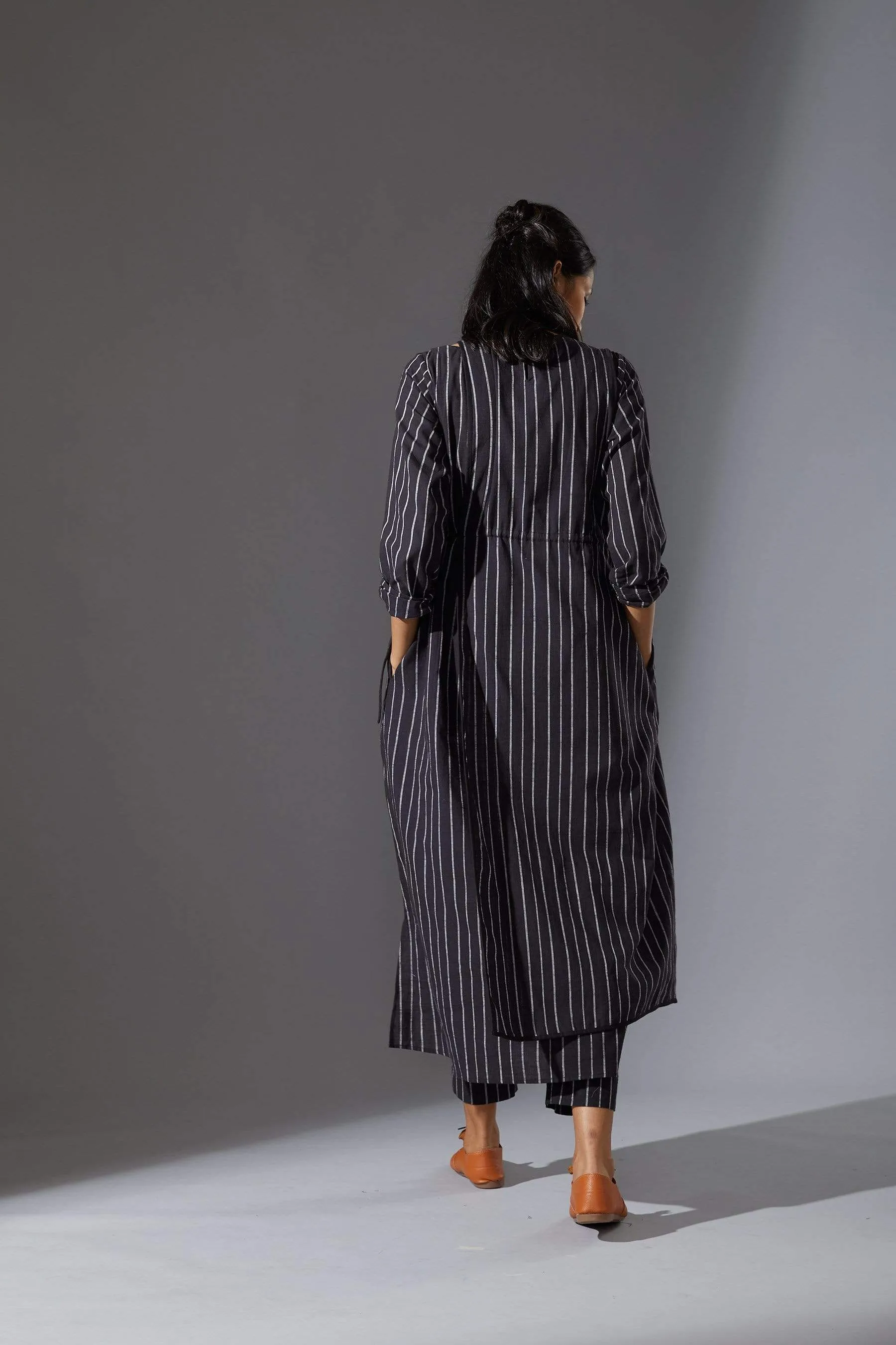 Mati Overlap Black Striped Tunic Set with Pants