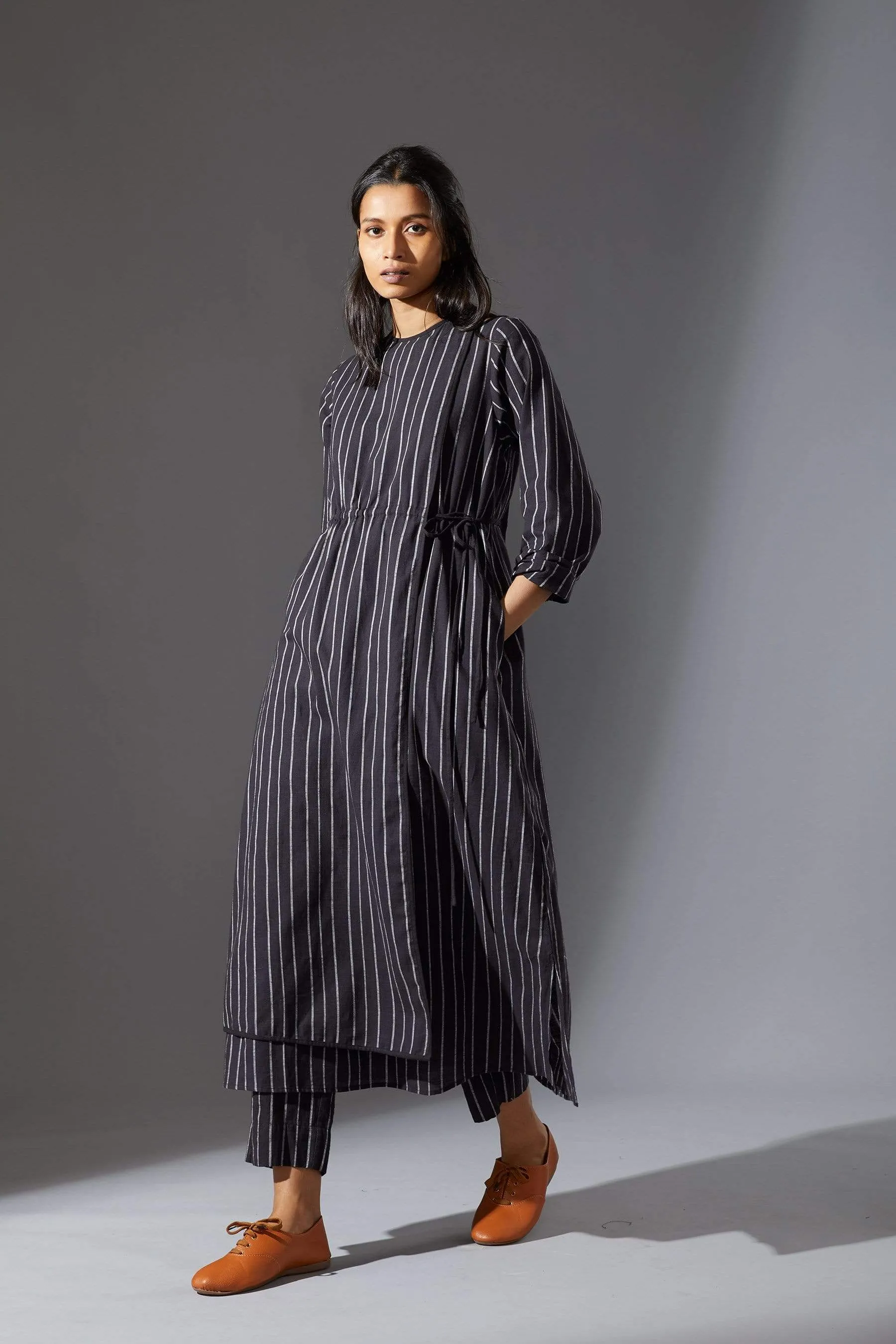 Mati Overlap Black Striped Tunic Set with Pants