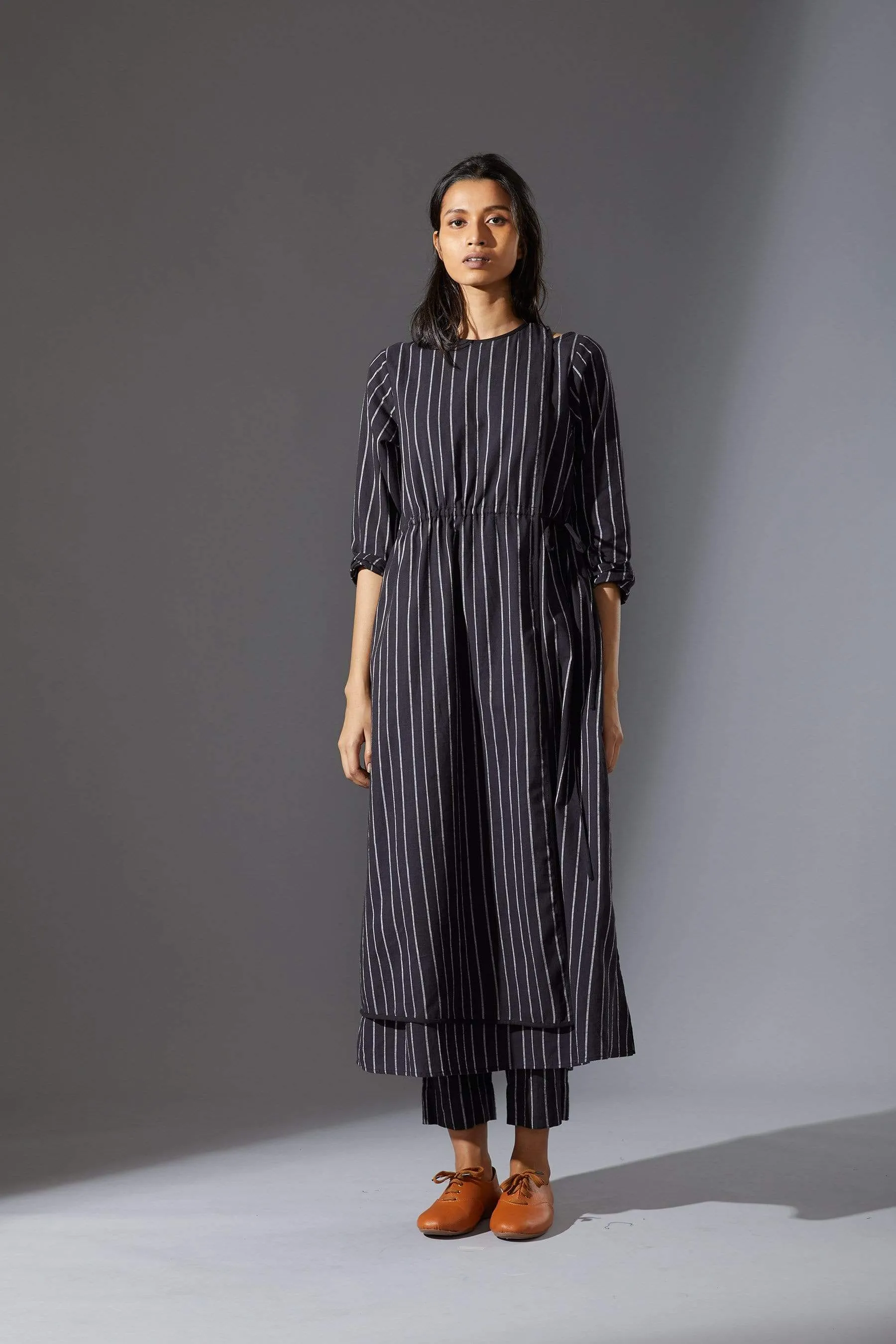 Mati Overlap Black Striped Tunic Set with Pants