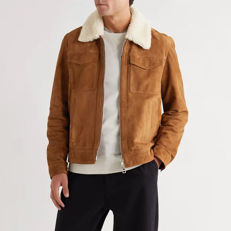 Men's Best Winter Shearling Trimmed Suede Trucker Leather Jacket