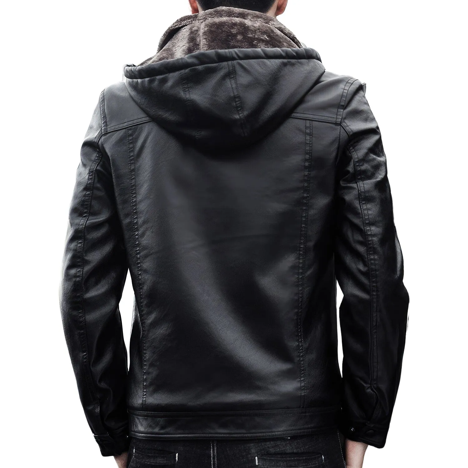 Men’s Black Biker Genuine Sheepskin Sherpa Shearling Faux Fur Lined Removable Hood Drawstrings Motorcycle Rider Slim Fit Leather Jacket