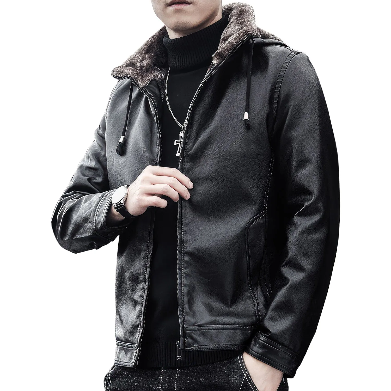 Men’s Black Biker Genuine Sheepskin Sherpa Shearling Faux Fur Lined Removable Hood Drawstrings Motorcycle Rider Slim Fit Leather Jacket