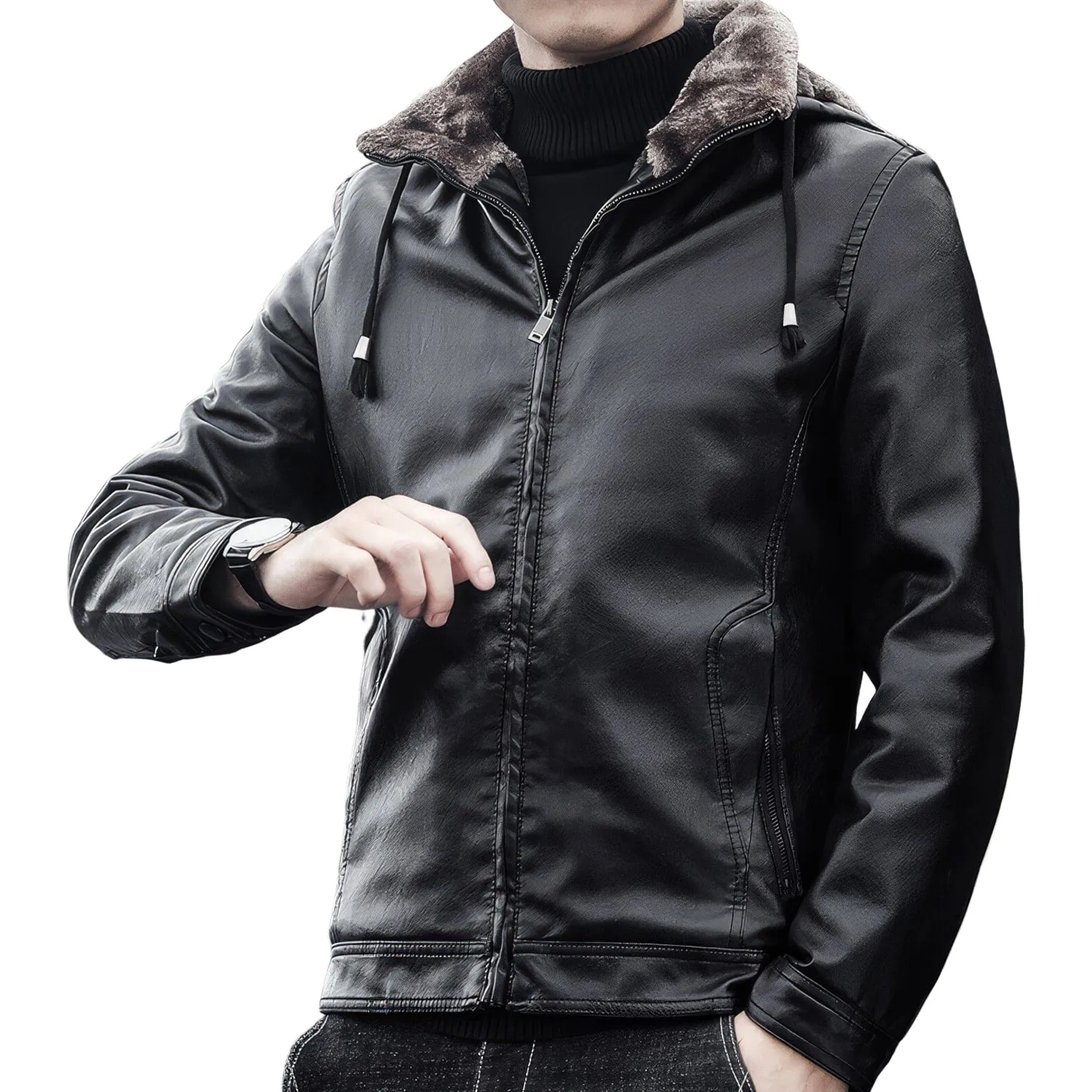 Men’s Black Biker Genuine Sheepskin Sherpa Shearling Faux Fur Lined Removable Hood Drawstrings Motorcycle Rider Slim Fit Leather Jacket