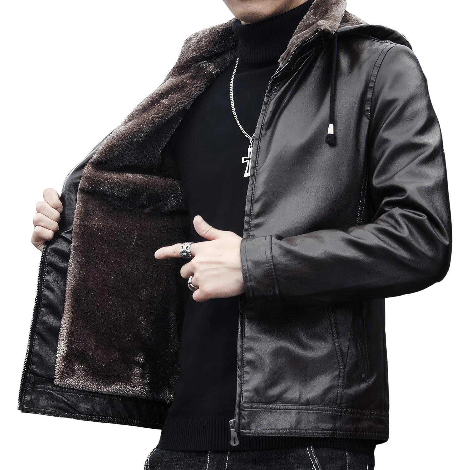 Men’s Black Biker Genuine Sheepskin Sherpa Shearling Faux Fur Lined Removable Hood Drawstrings Motorcycle Rider Slim Fit Leather Jacket