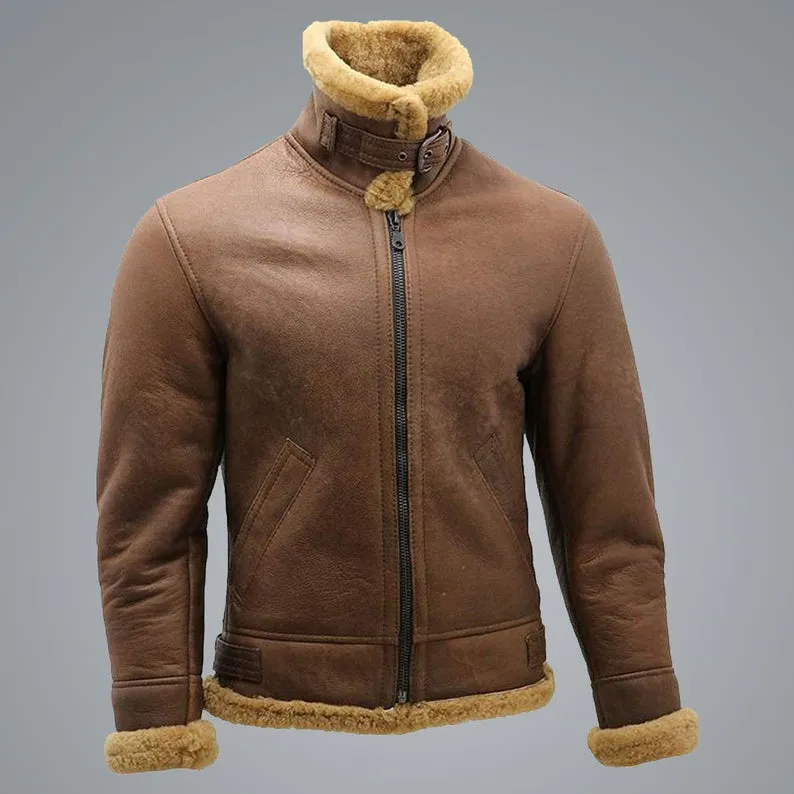 Mens Brown B3 Shearling Sheepskin WW2 Bomber Leather Flying Aviator Jacket