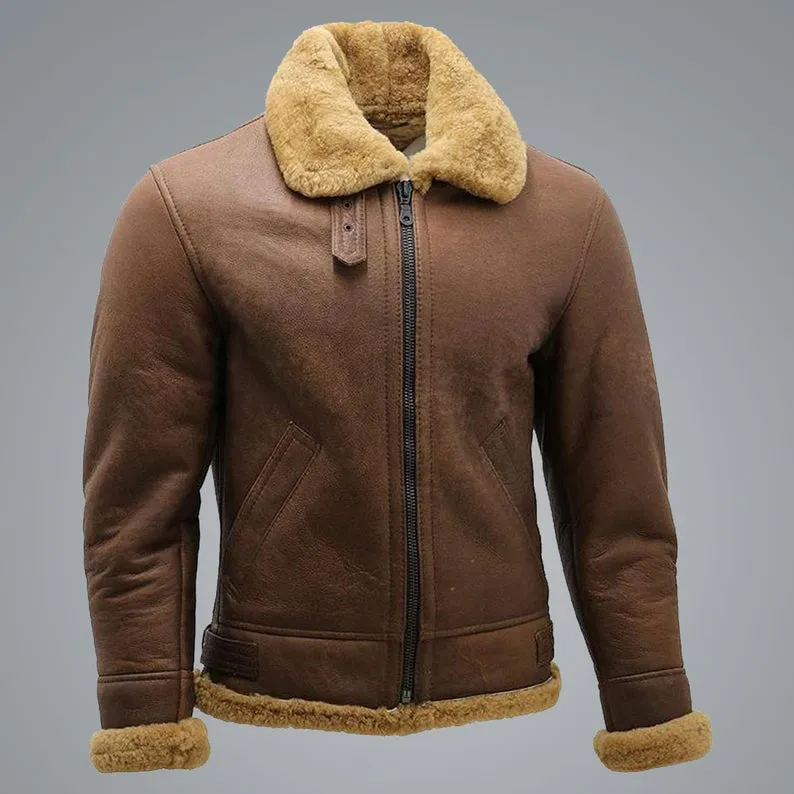 Mens Brown B3 Shearling Sheepskin WW2 Bomber Leather Flying Aviator Jacket