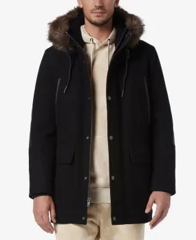 Men's Dawson Faux Leather Hooded Parka & Marc New York faux fur trim ,  black