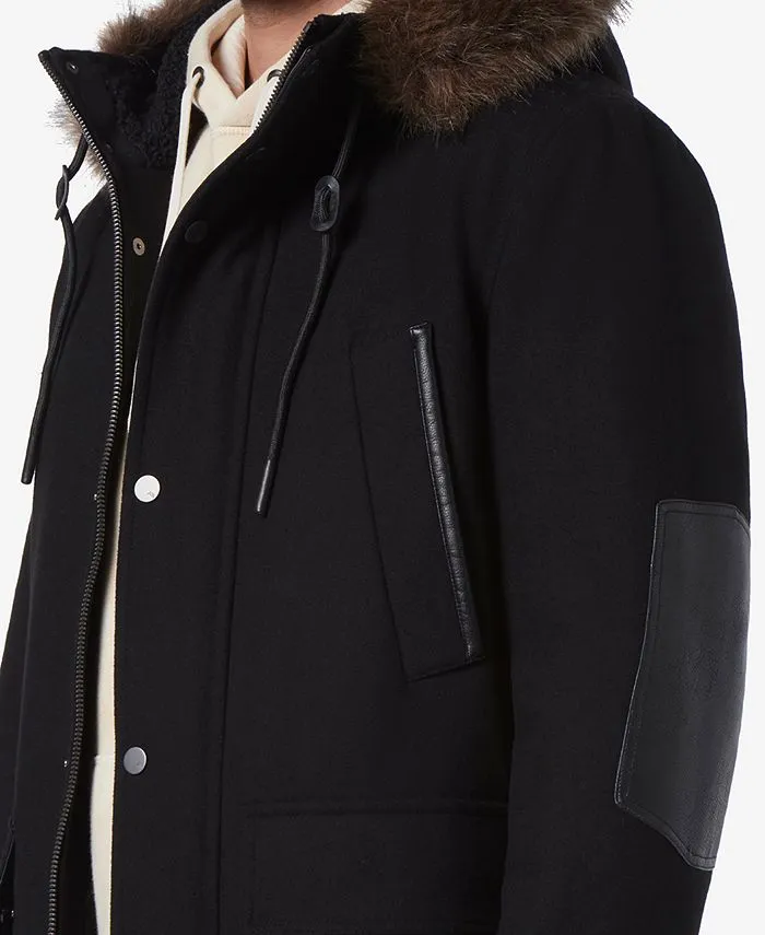 Men's Dawson Faux Leather Hooded Parka & Marc New York faux fur trim ,  black