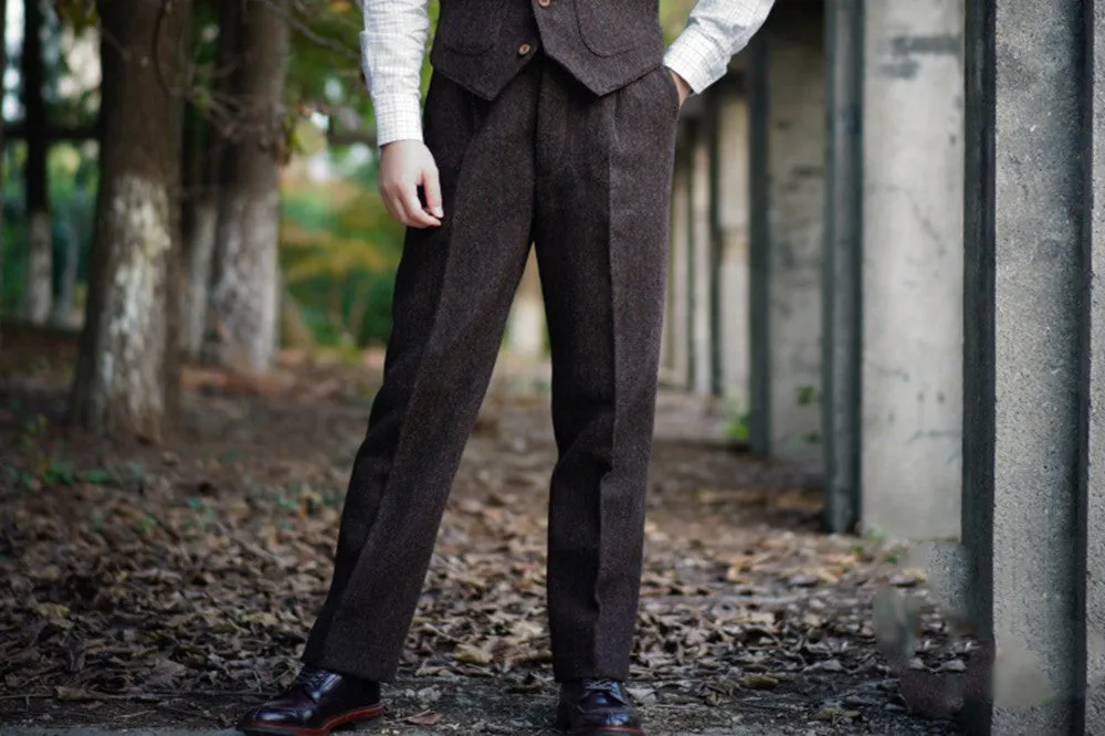 Men's Tweed Pants High Waist Chocolate Brown