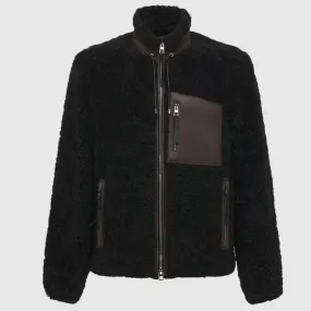 New Mens Shearling Sheepskin Jacket Leather Pocket Black