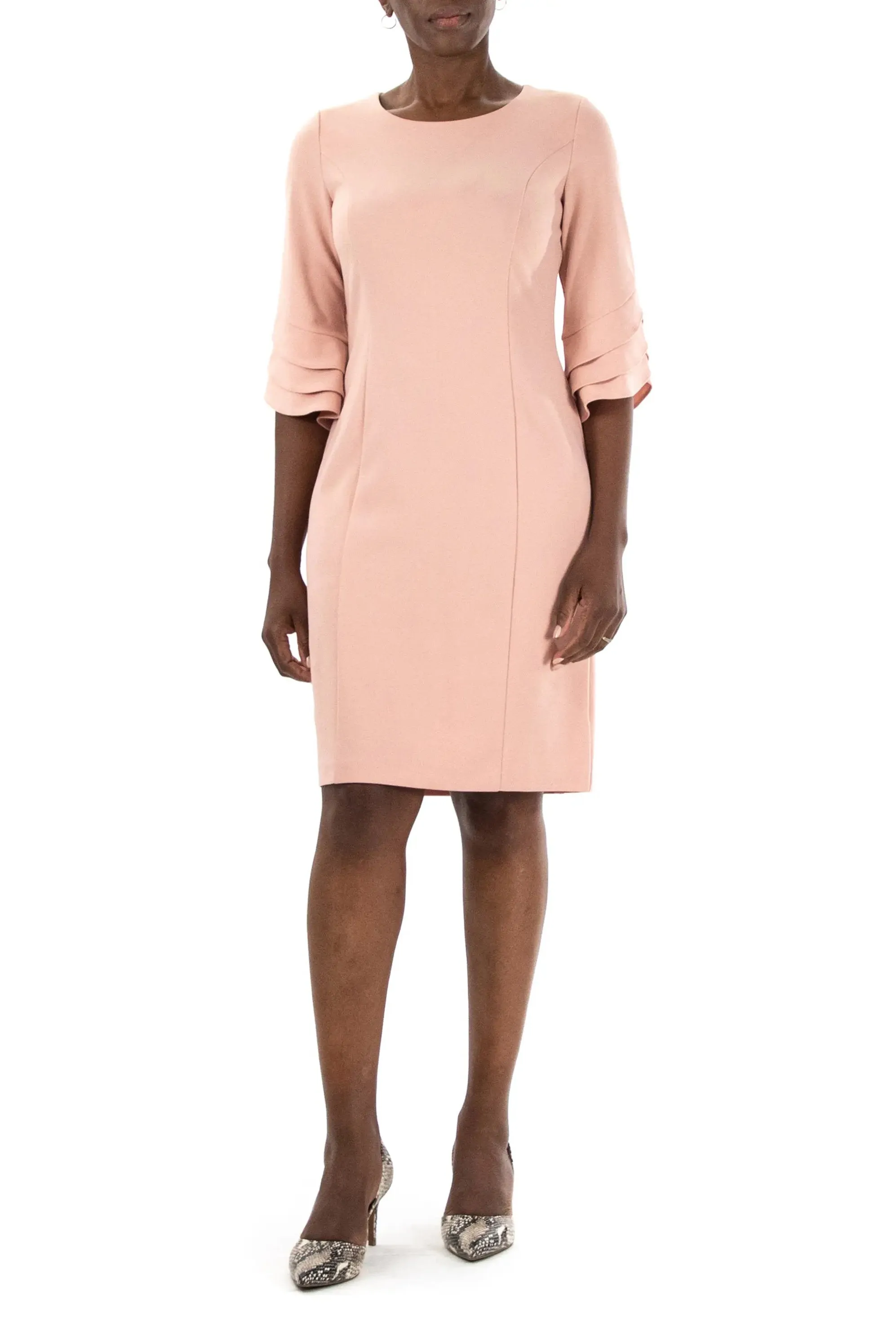 Nina Leonard crew neck tiered 3/4 sleeve bodycon zipper back solid stretch crepe dress