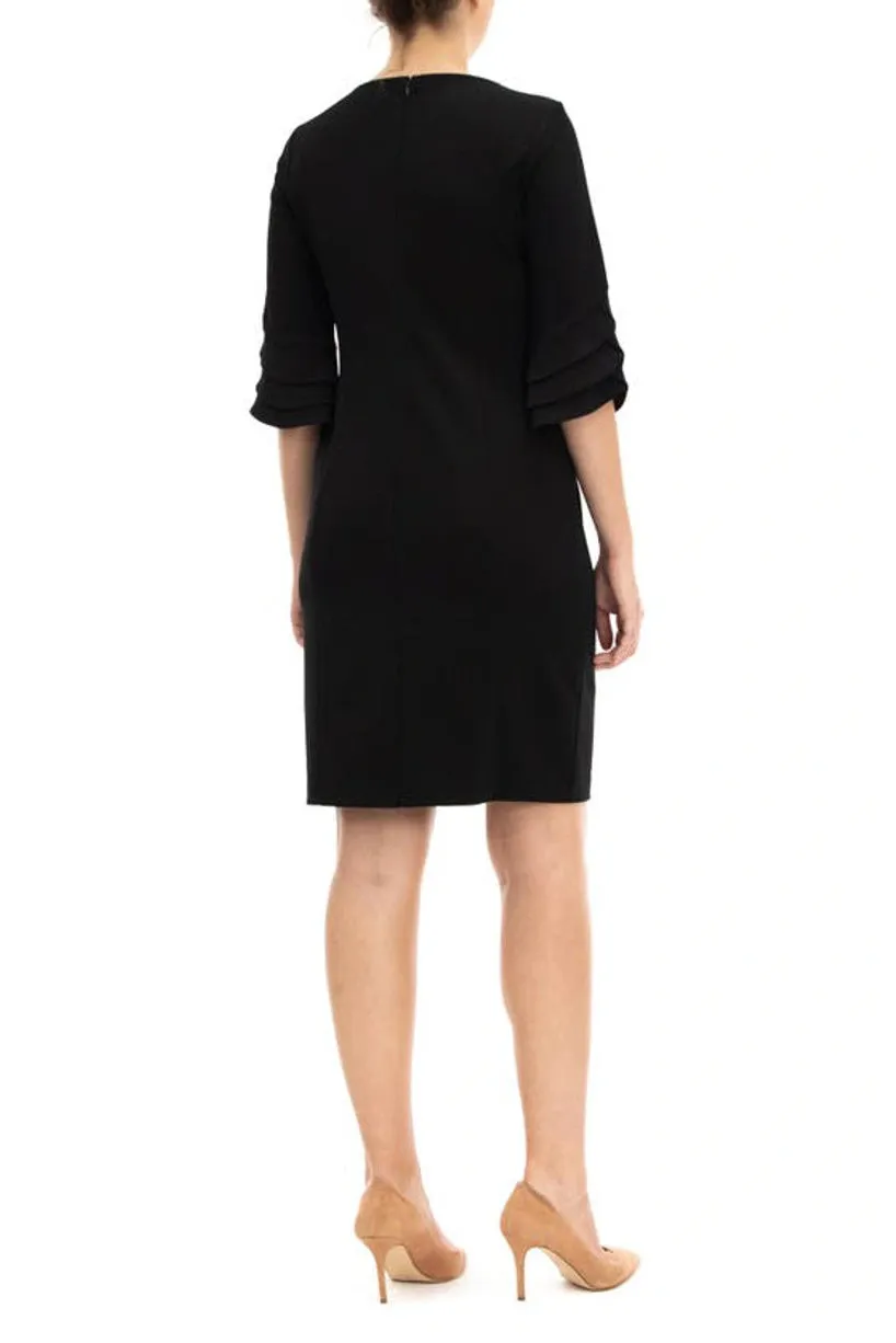 Nina Leonard crew neck tiered 3/4 sleeve bodycon zipper back solid stretch crepe dress