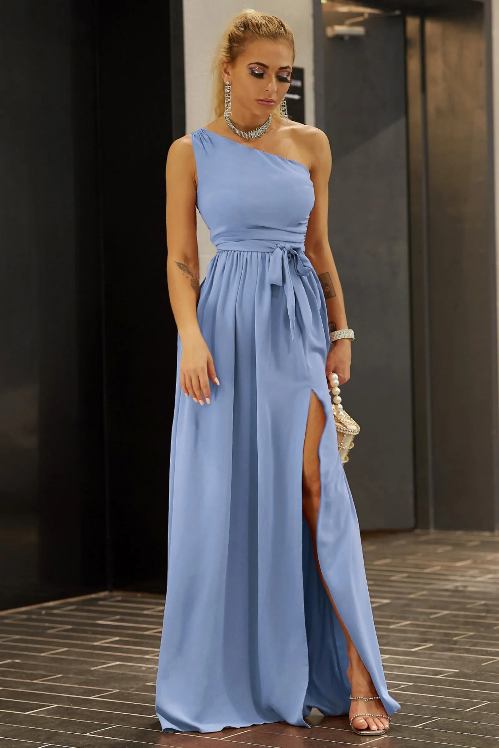 One-Shoulder Belted Front Split Dress