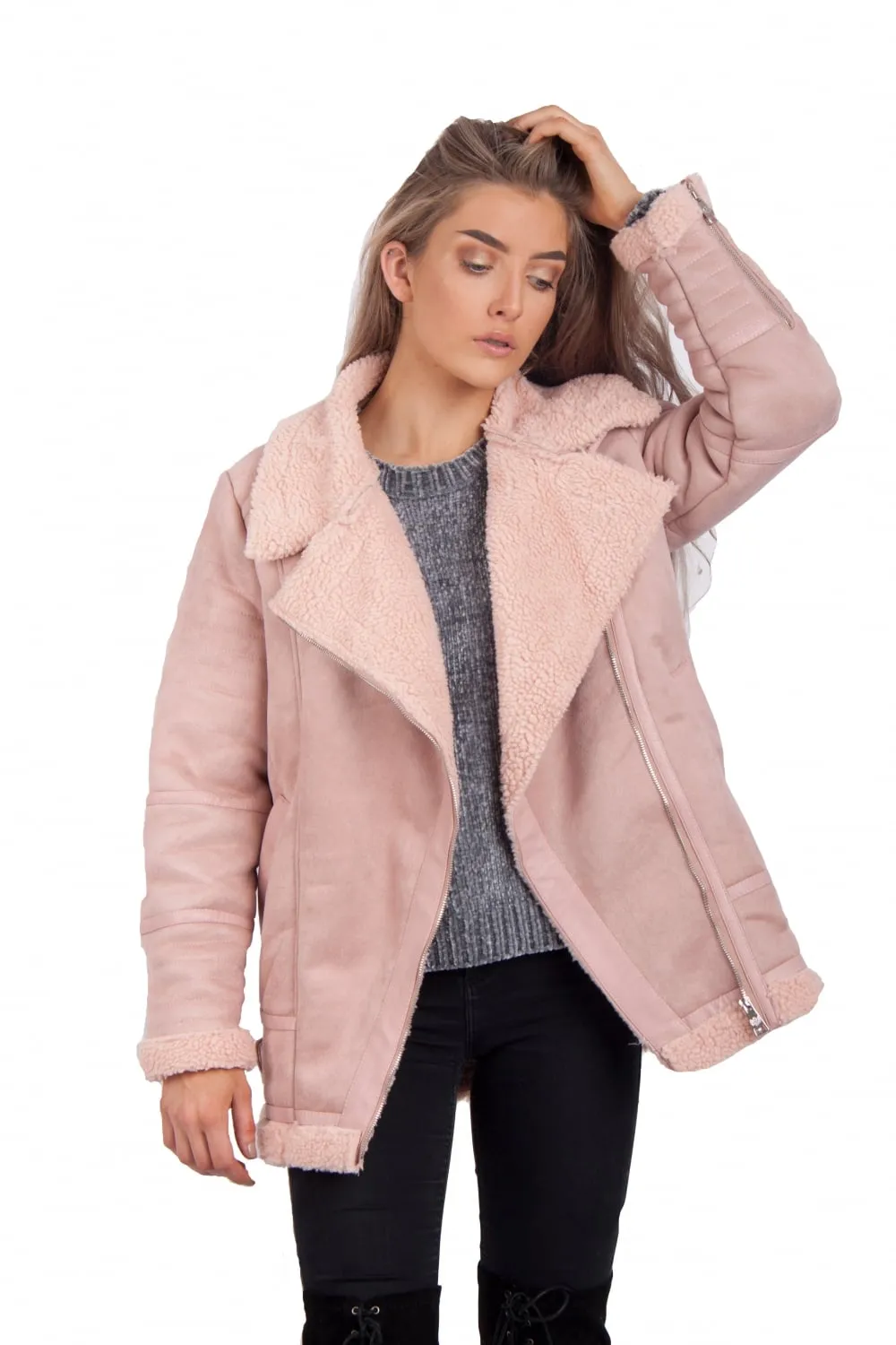 Oversized Faux Suede Faux Fur Shearling Jacket Coat