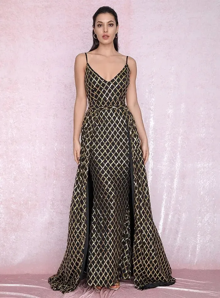 Plaid Sequin Material Two-Pieces Bodycon Party Maxi Dress