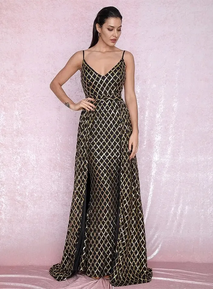 Plaid Sequin Material Two-Pieces Bodycon Party Maxi Dress