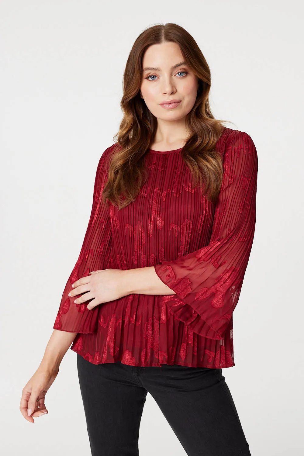 Plisse Pleated 3/4 Sleeve Blouse