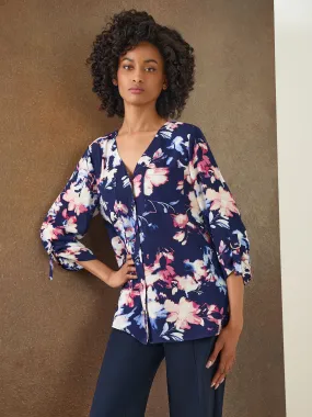 Plus Floral Button-Front Collarless Tunic, Crepe De Chine