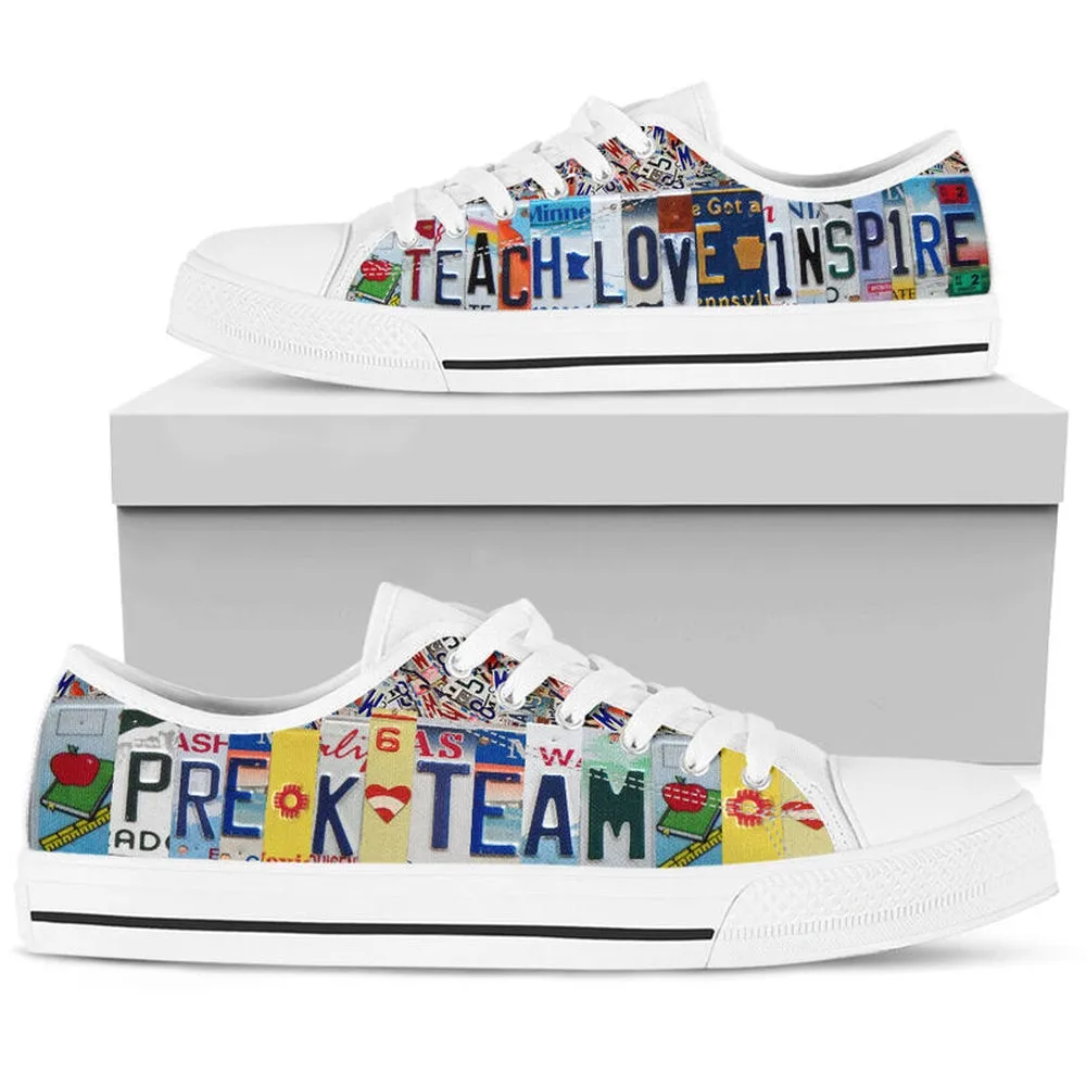 Pre K Team License Plates Low Top Shoes, Teacher Shoes, Low Top Sneakers