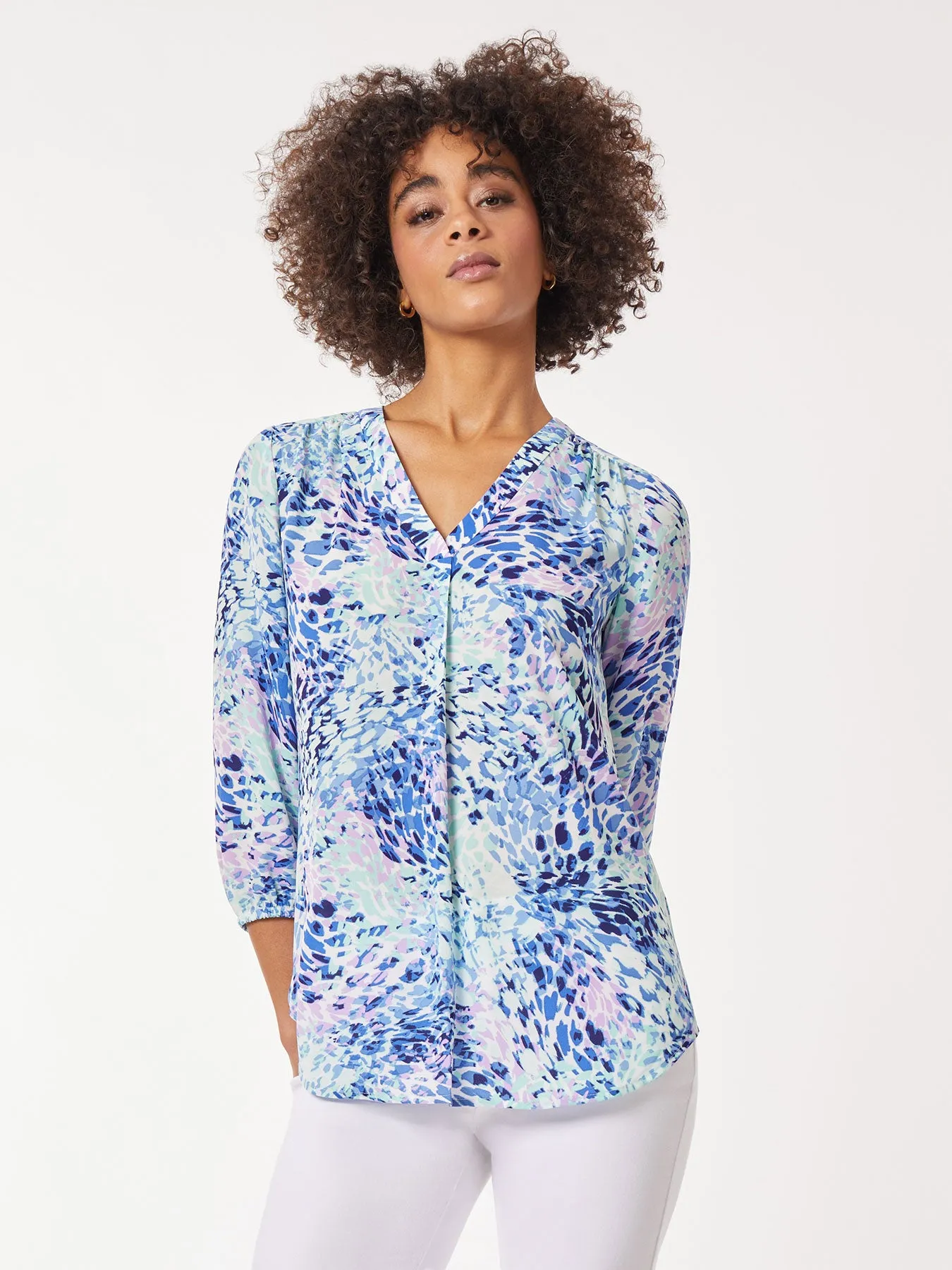 Printed V-Neck Pleated Kelly Blouse