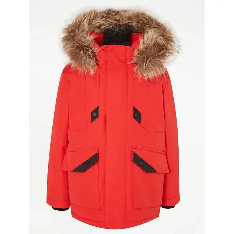 Red Faux-Fur-Trim Hooded Parka Coat