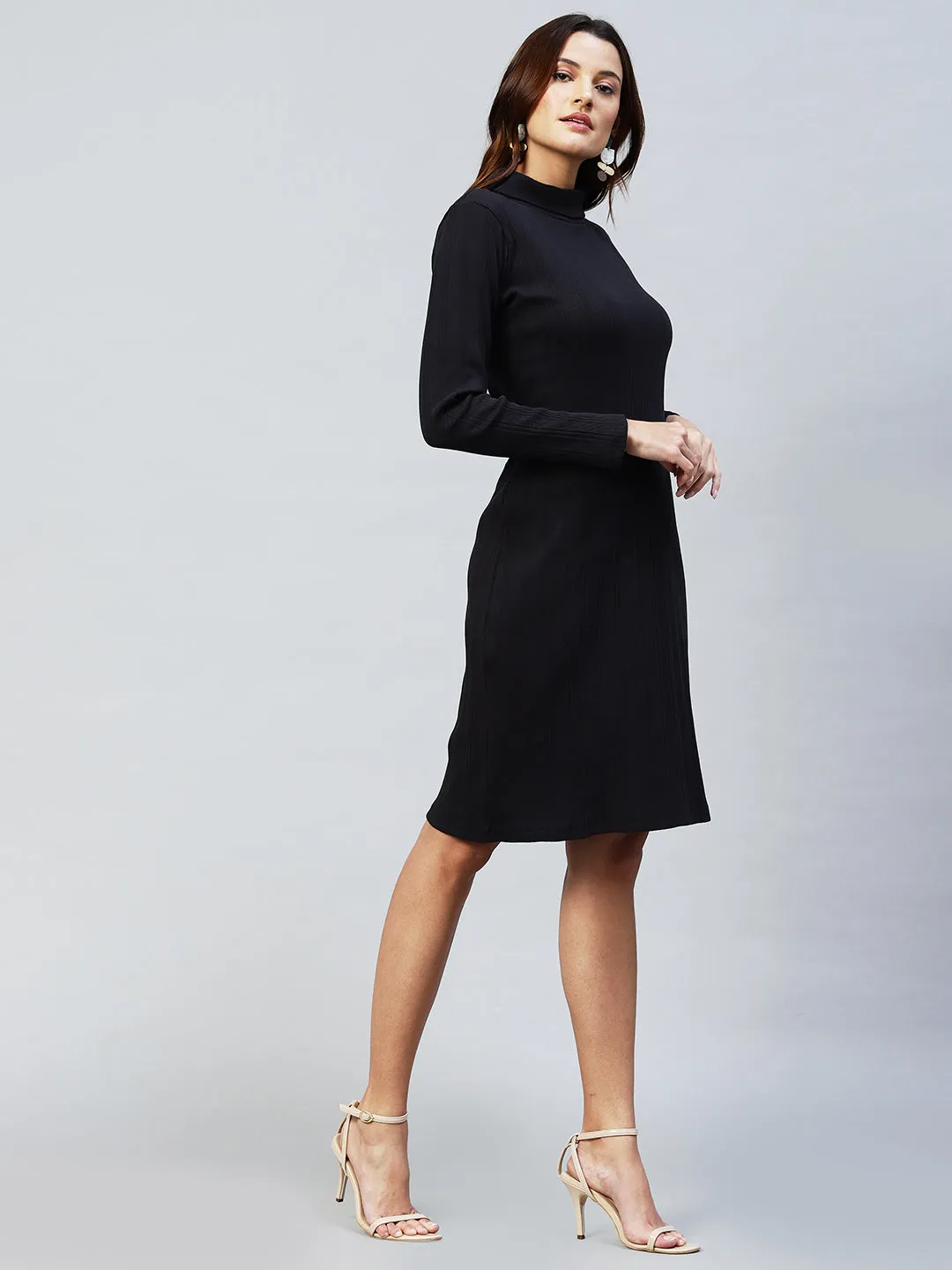 Rib Full Sleeve Side Slit Dress