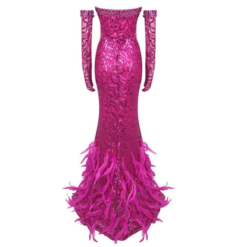 Rica Strapless Sequin Feather Maxi Dress