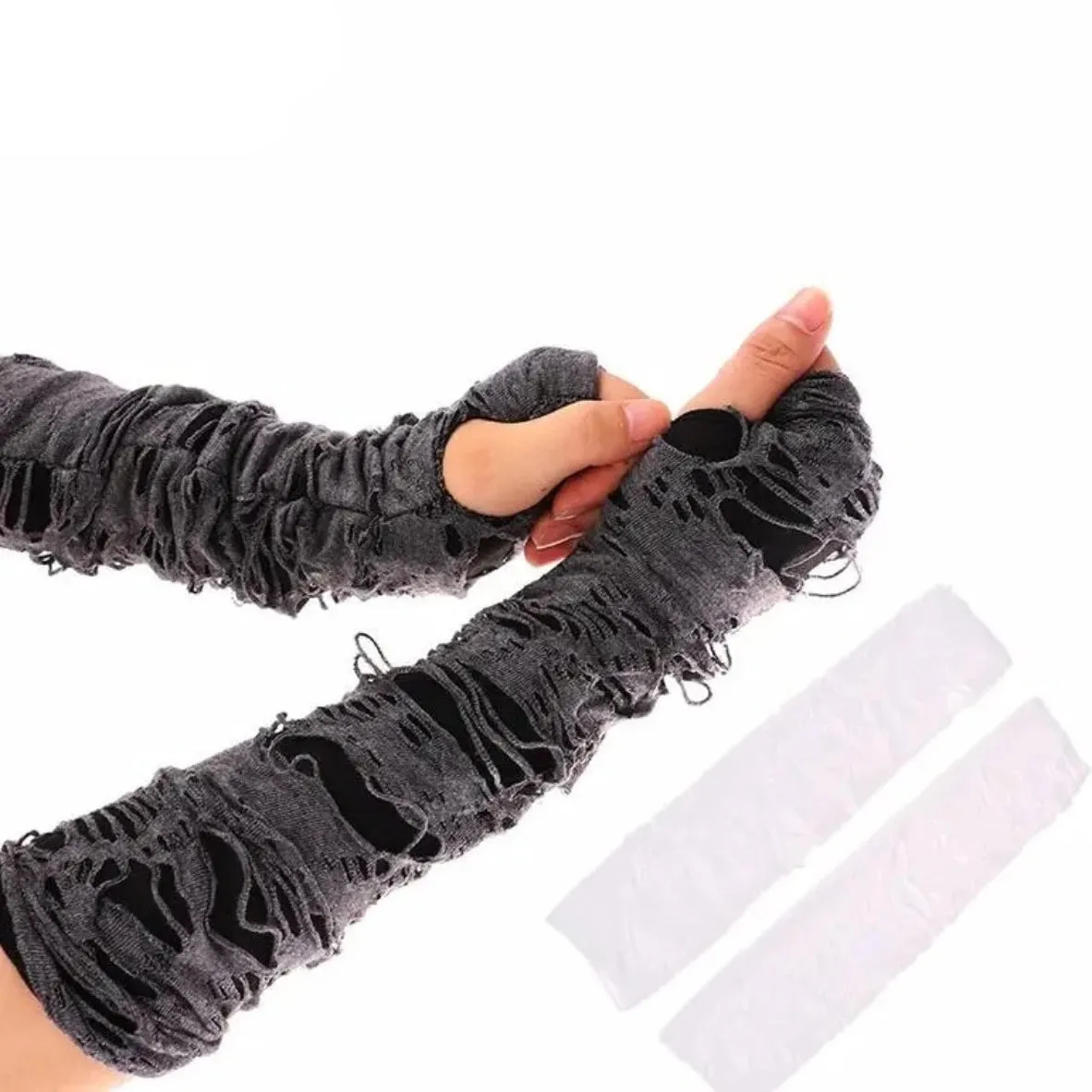 Ripped Holes Fingerless Halloween Goth Gloves