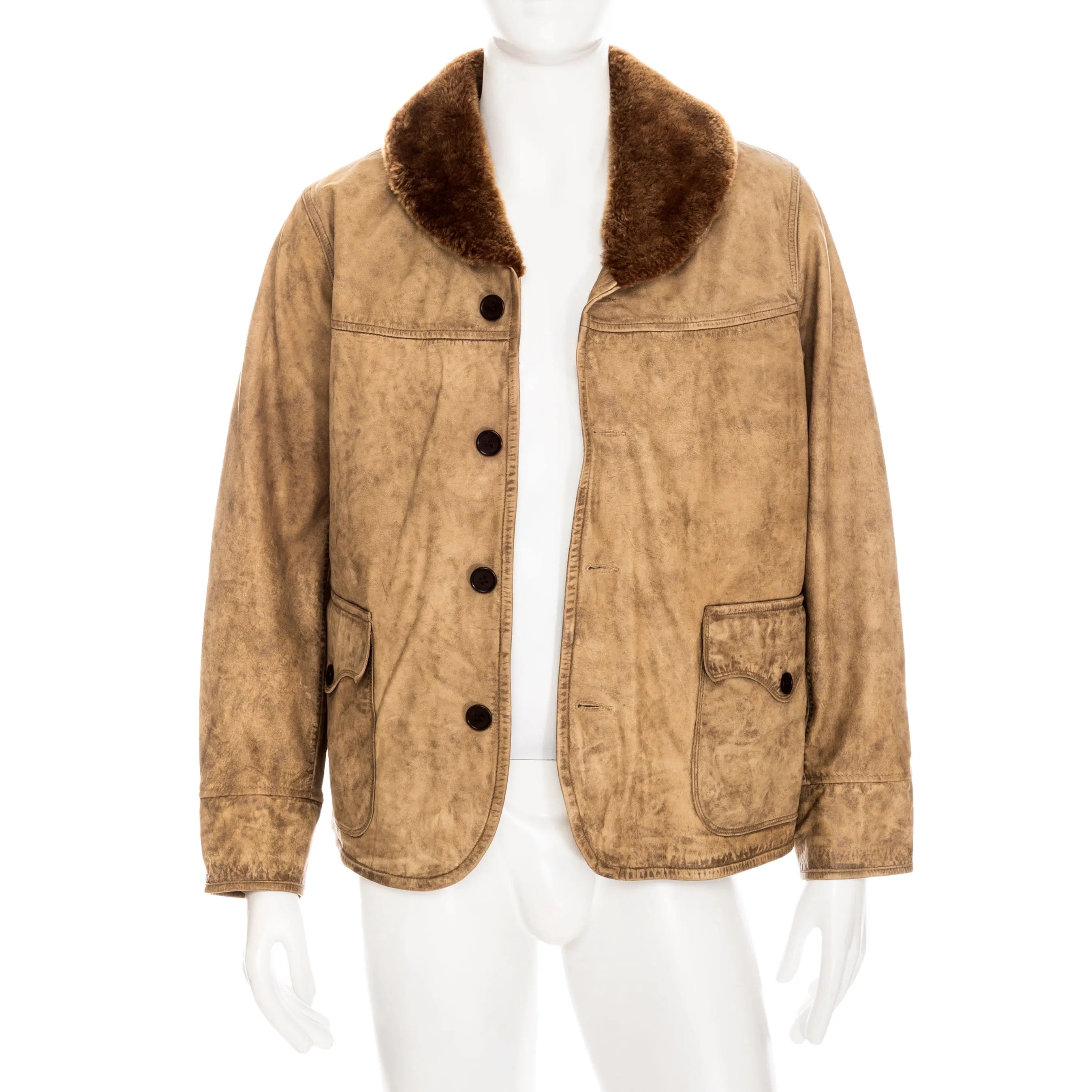 RRL Brown Leather Shearling-Collar Jacket