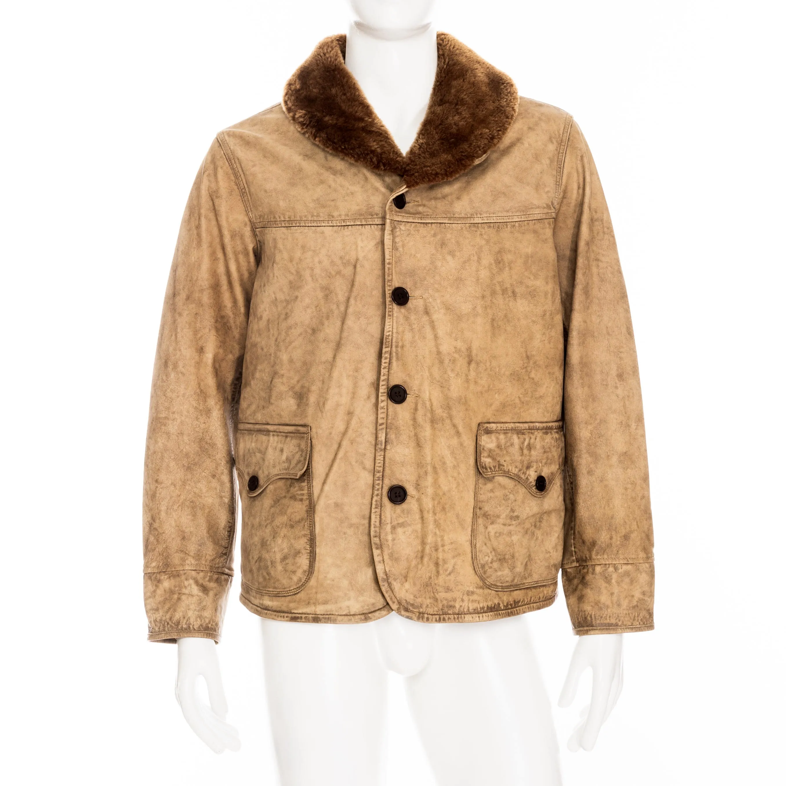 RRL Brown Leather Shearling-Collar Jacket