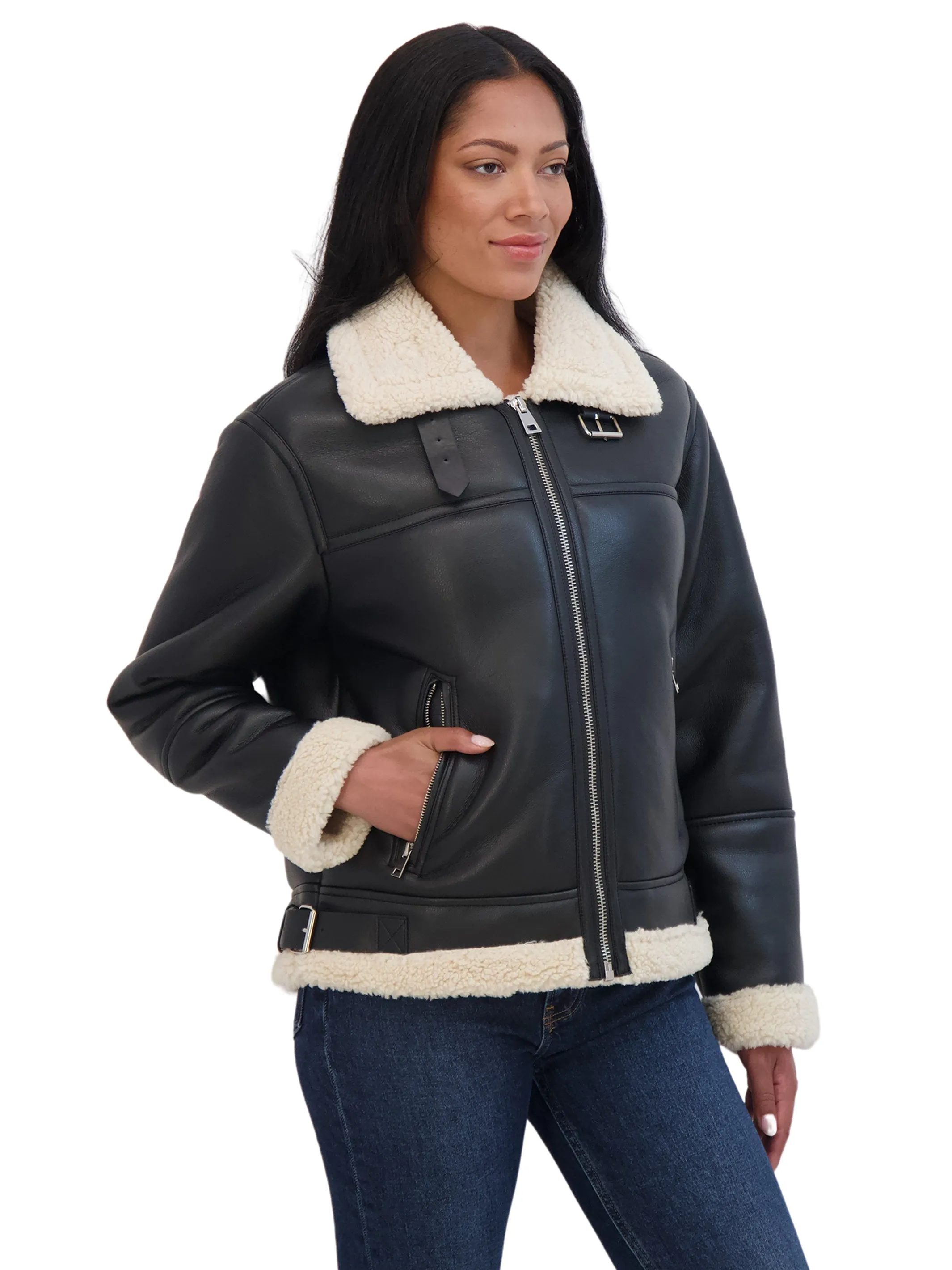 Sebby Collection Women's Zip Front Faux Leather Shearling Jacket