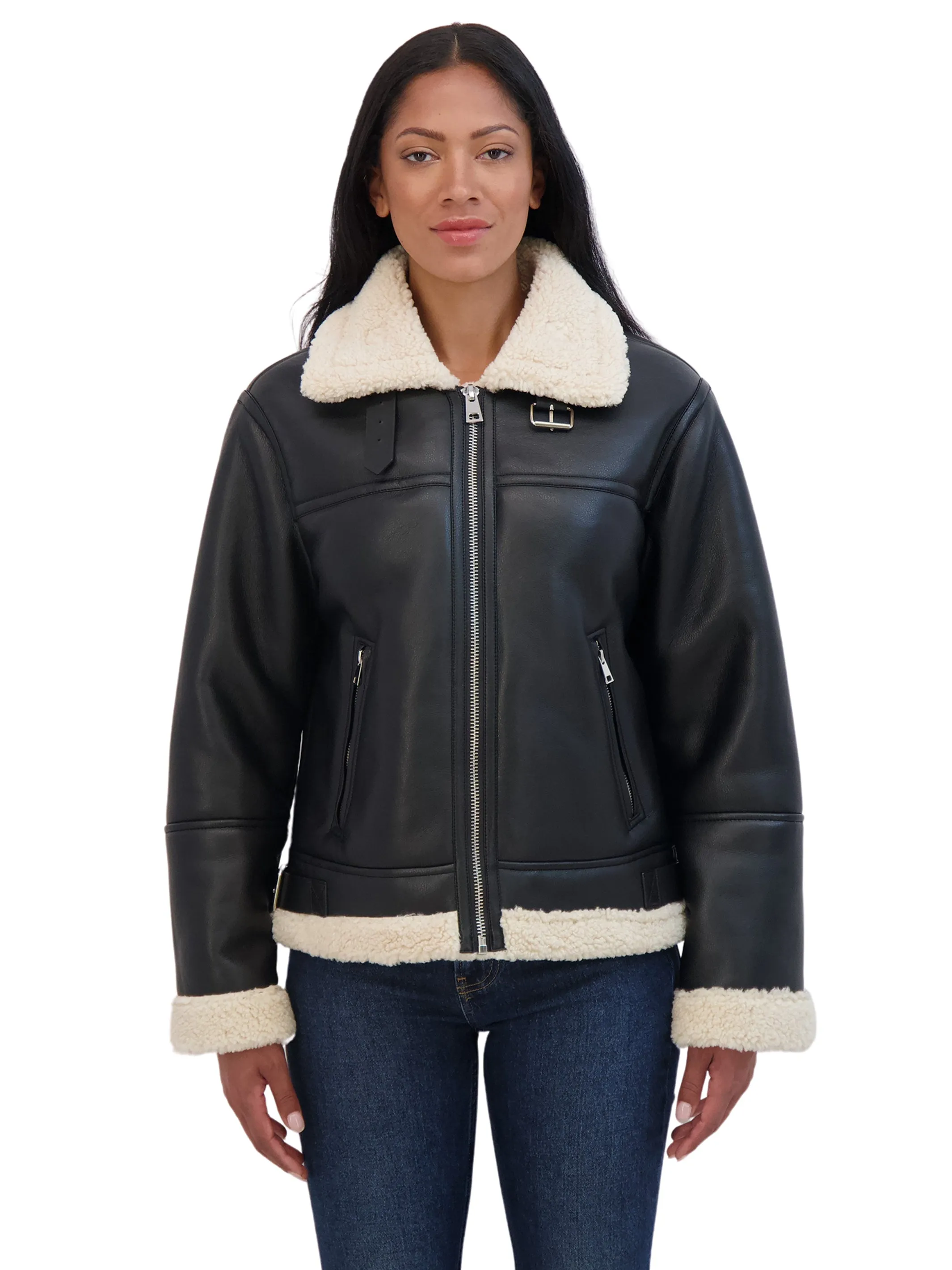 Sebby Collection Women's Zip Front Faux Leather Shearling Jacket