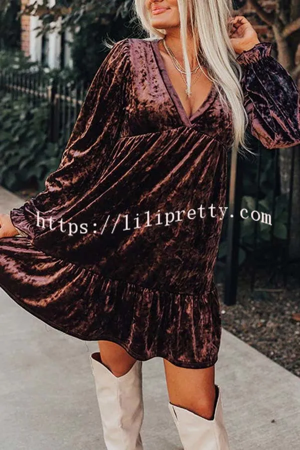 Sociable Chic Velvet V Neck Long Sleeve Babydoll Dress