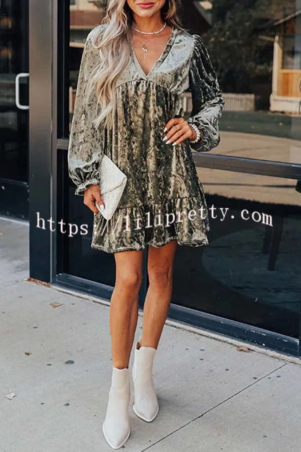 Sociable Chic Velvet V Neck Long Sleeve Babydoll Dress