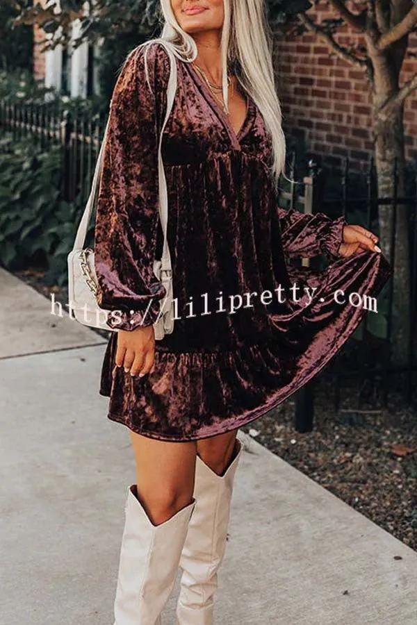 Sociable Chic Velvet V Neck Long Sleeve Babydoll Dress