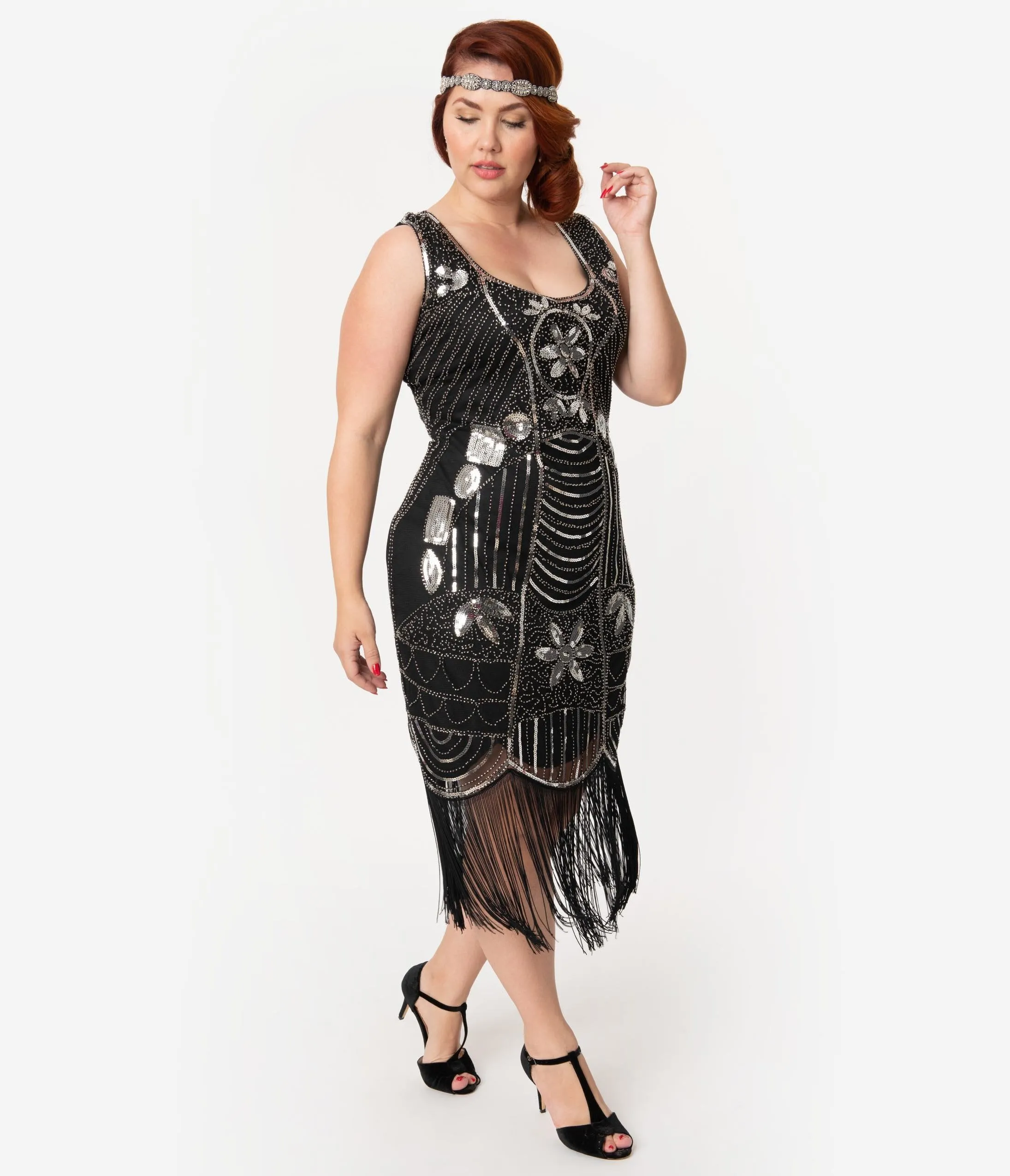 Unique Vintage Plus Size Black & Silver Sequin Fringe Cremieux Flapper Dress