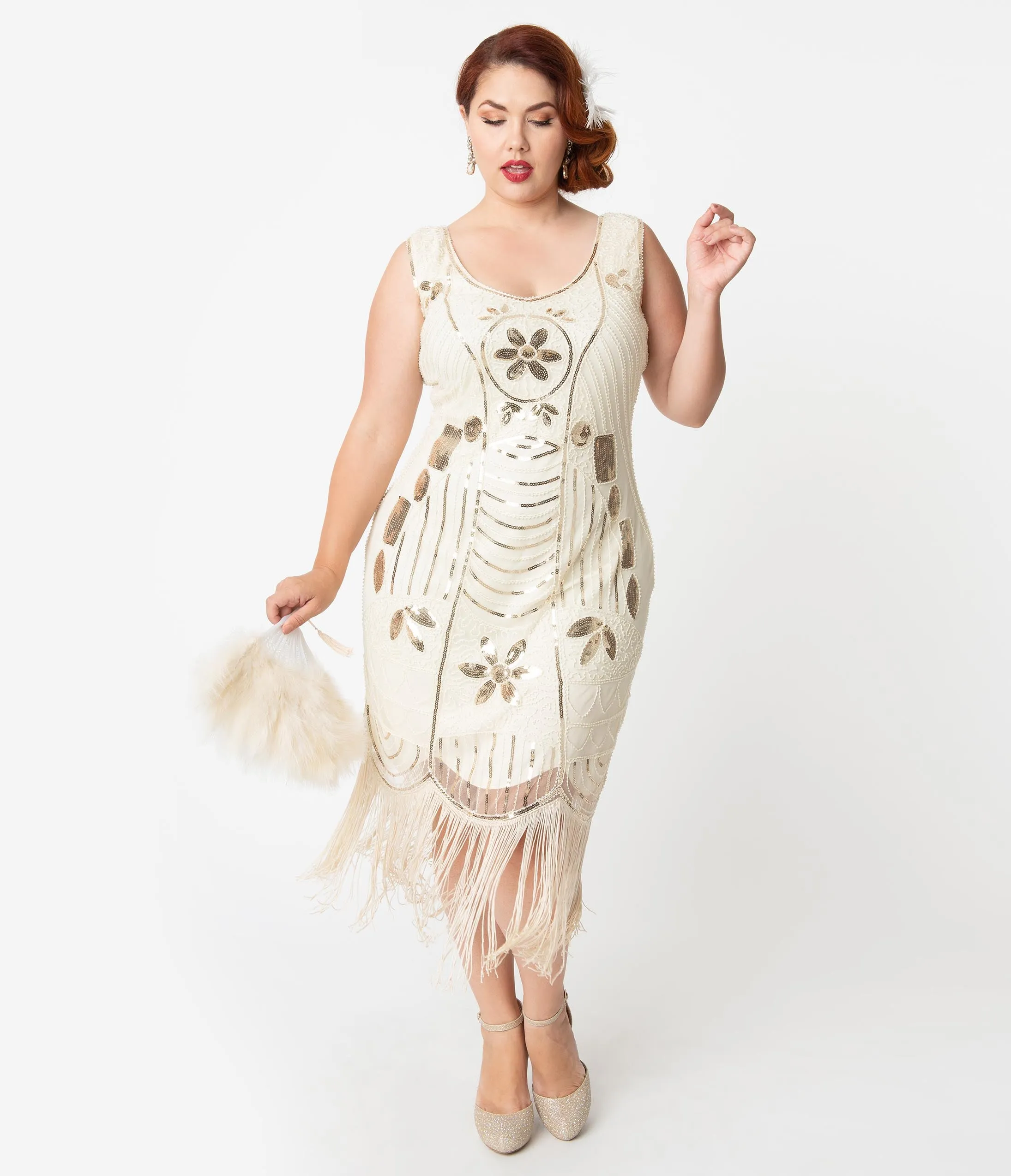 Unique Vintage Plus Size Cream & Gold Sequin Fringe Cremieux Flapper Dress