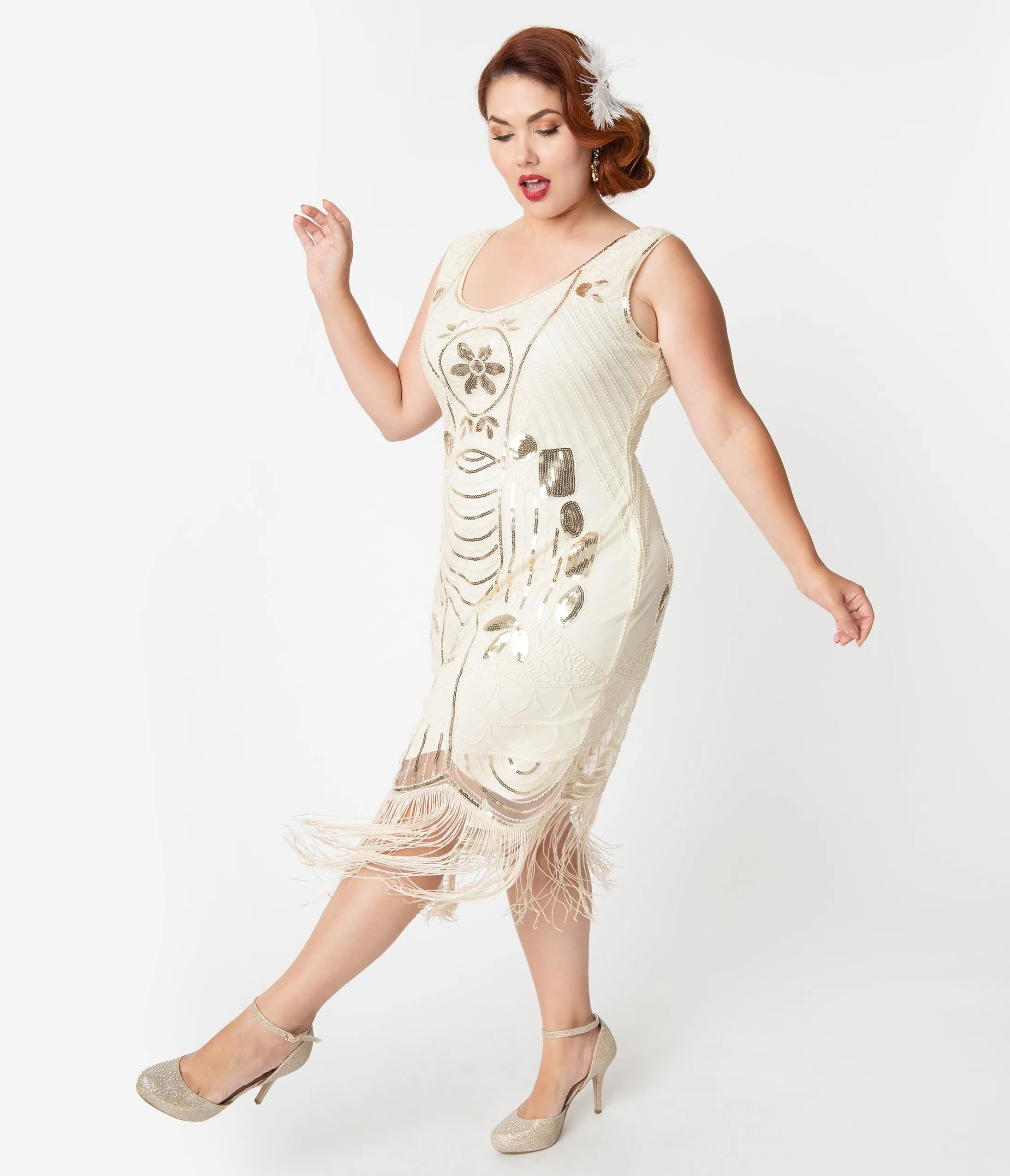 Unique Vintage Plus Size Cream & Gold Sequin Fringe Cremieux Flapper Dress