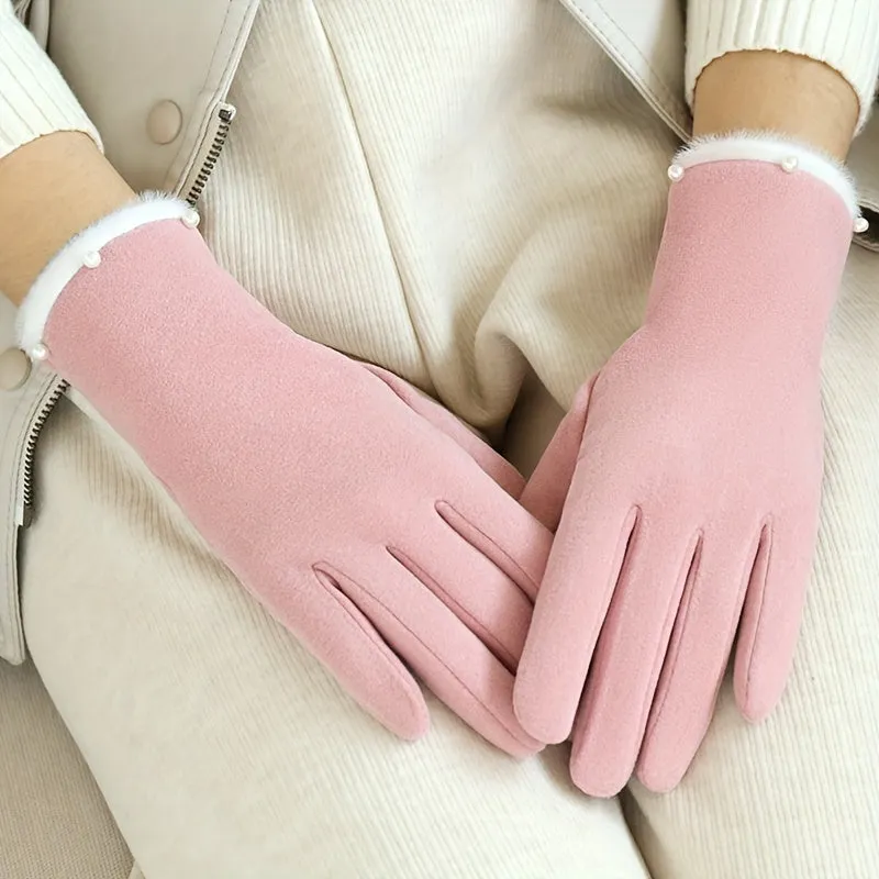 Warm Polyester Full Finger Touchscreen Gloves with Fleece Lining for Women - Casual Knitted Non-slip Thermal Gloves for Winter Driving, Cycling, Weekend Casual - 1 Pair